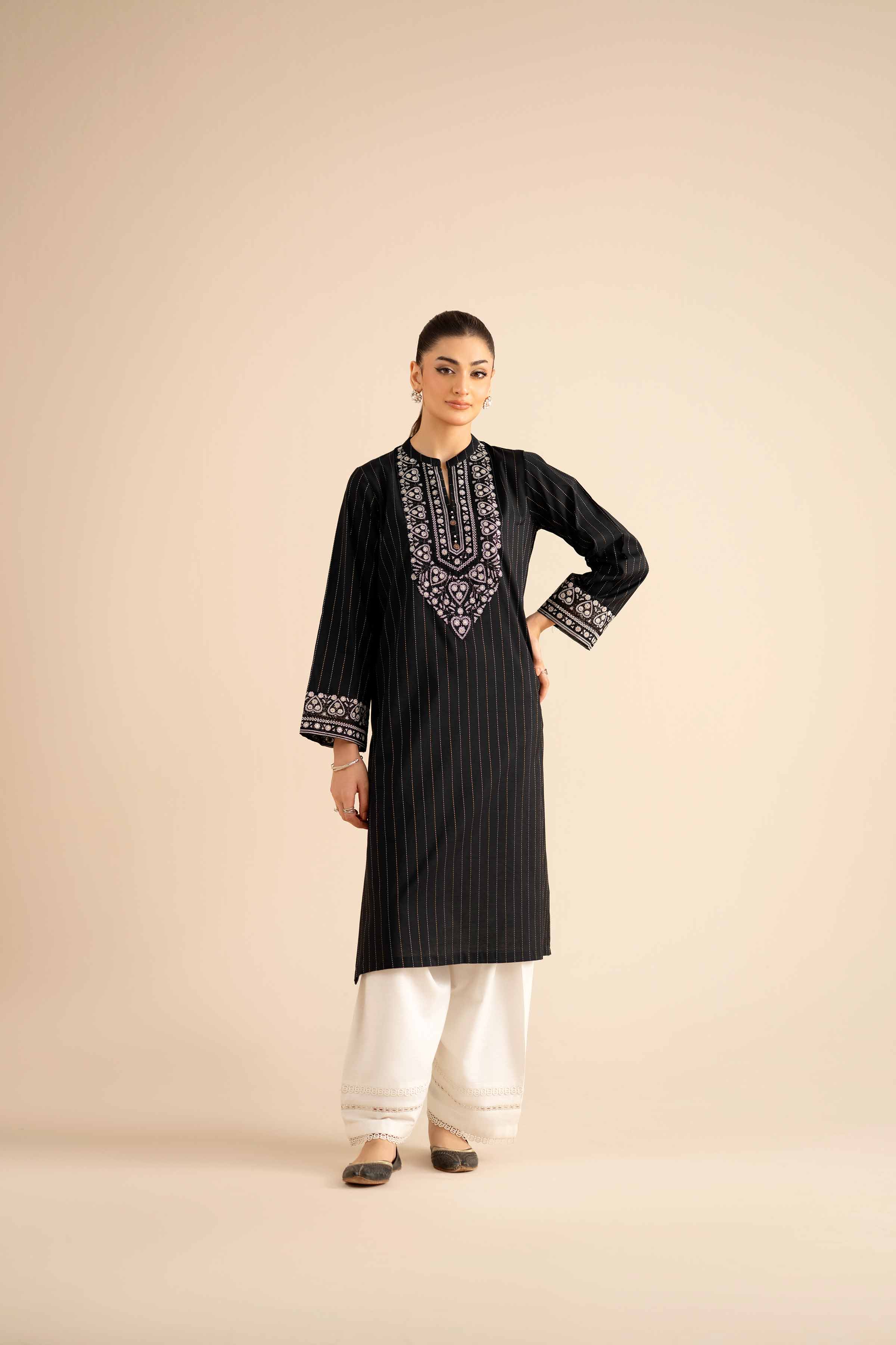 NishatUK - Black Embroidered Silk 1-piece ready to wear Shirt