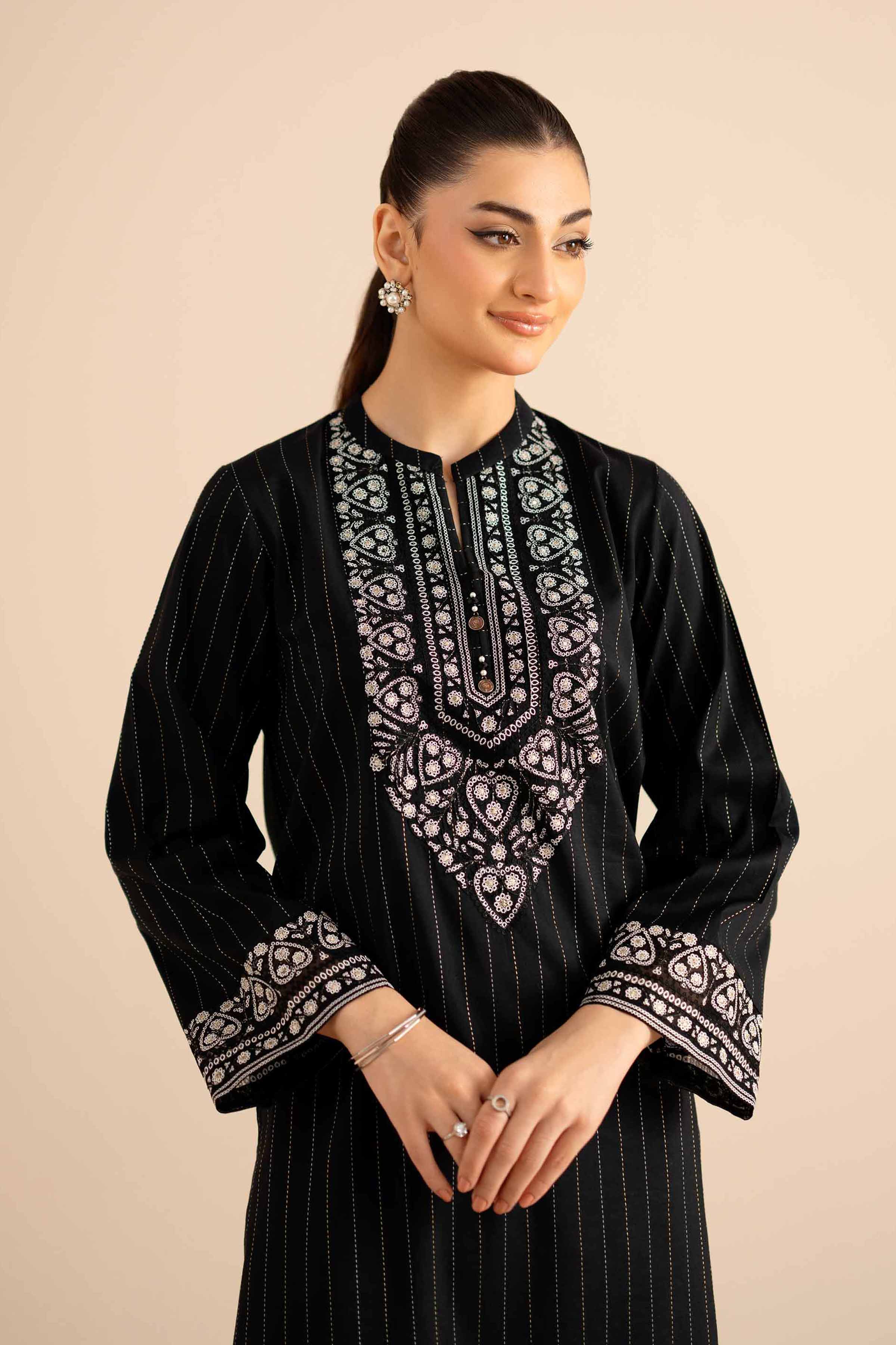 NishatUK - Black Embroidered Silk 1-piece ready to wear Shirt