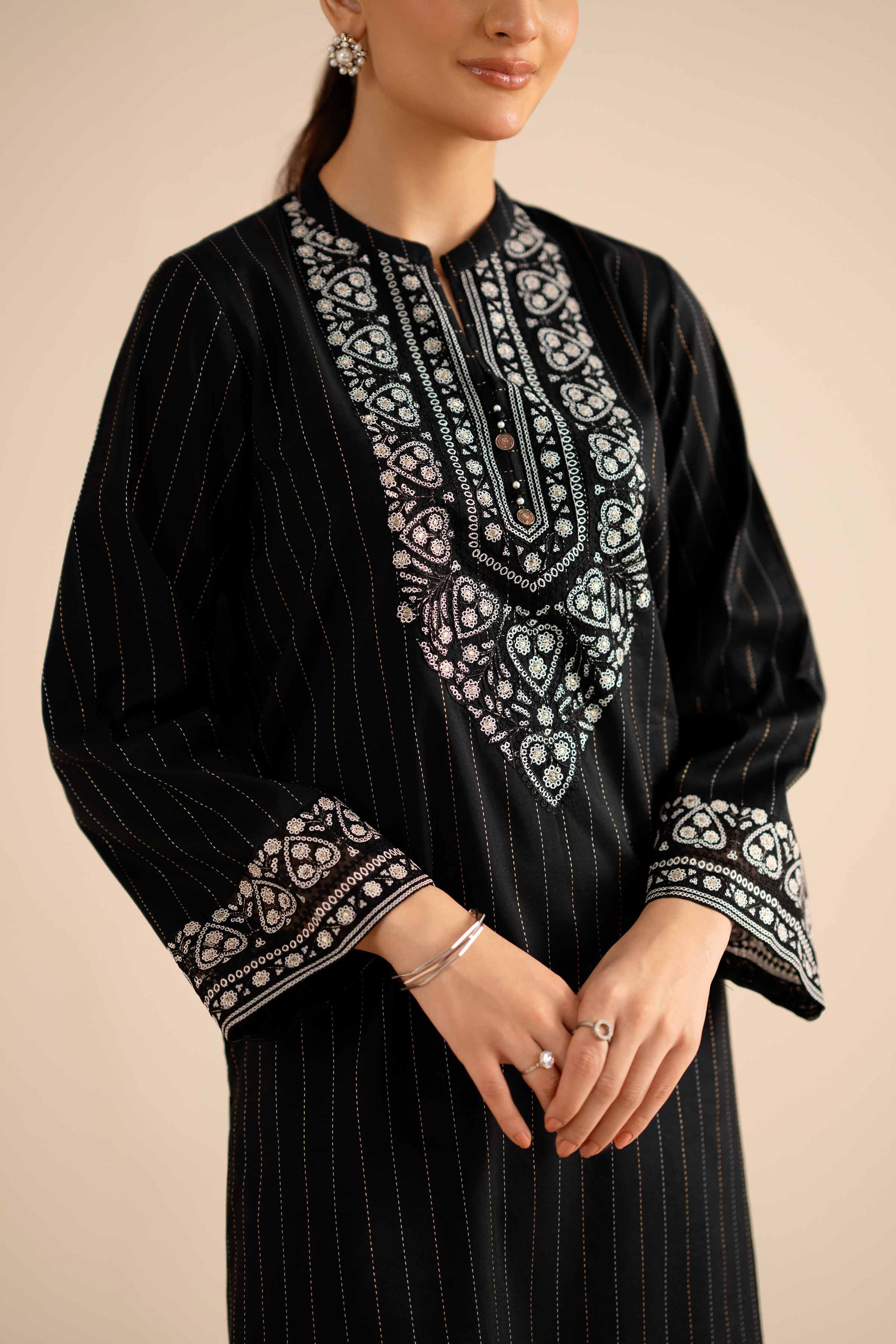 NishatUK - Black Embroidered Silk 1-piece ready to wear Shirt