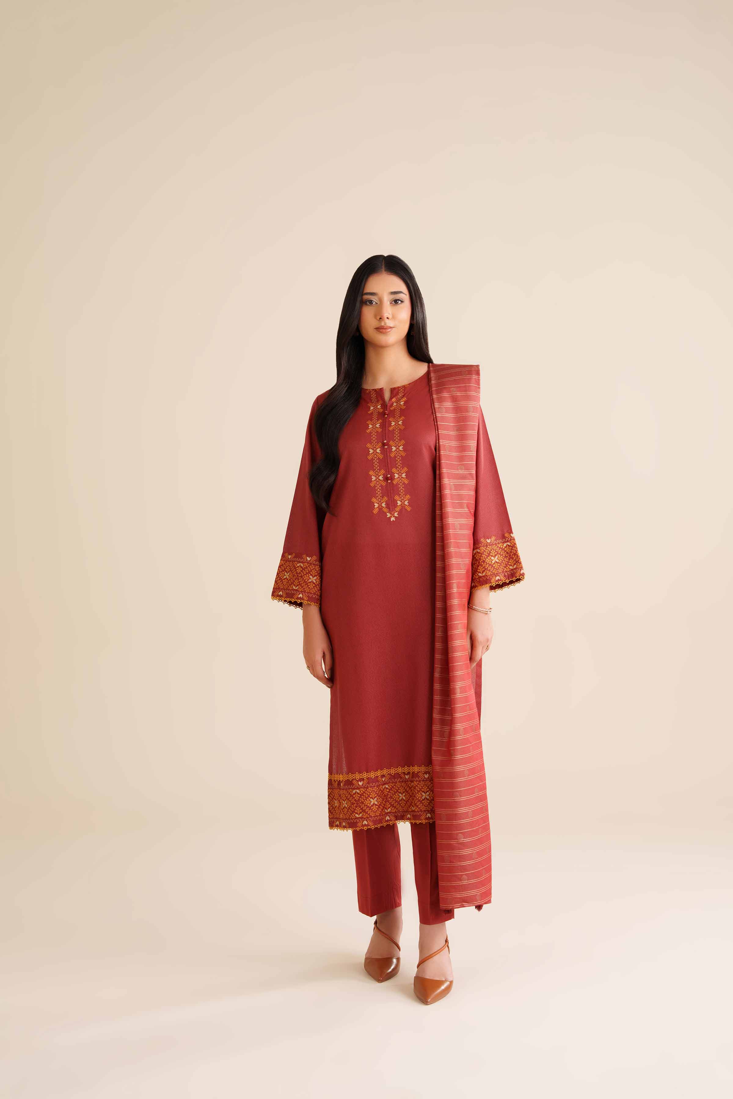 NishatUK - Red Embroidered Karandi 3-piece ready to wear Suit