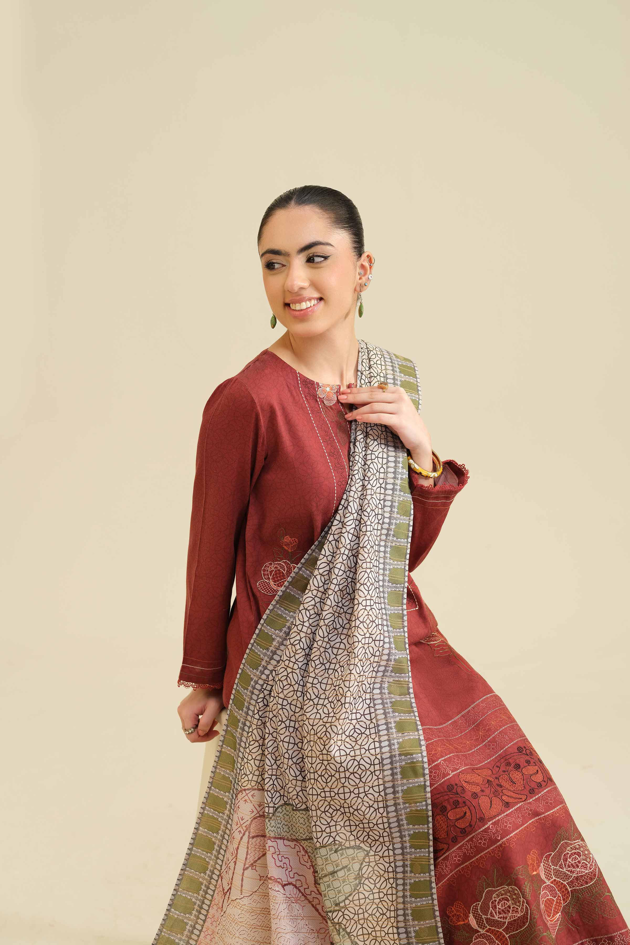 NishatUK - Maroon Embroidered Sateen 2-piece ready to wear Dress