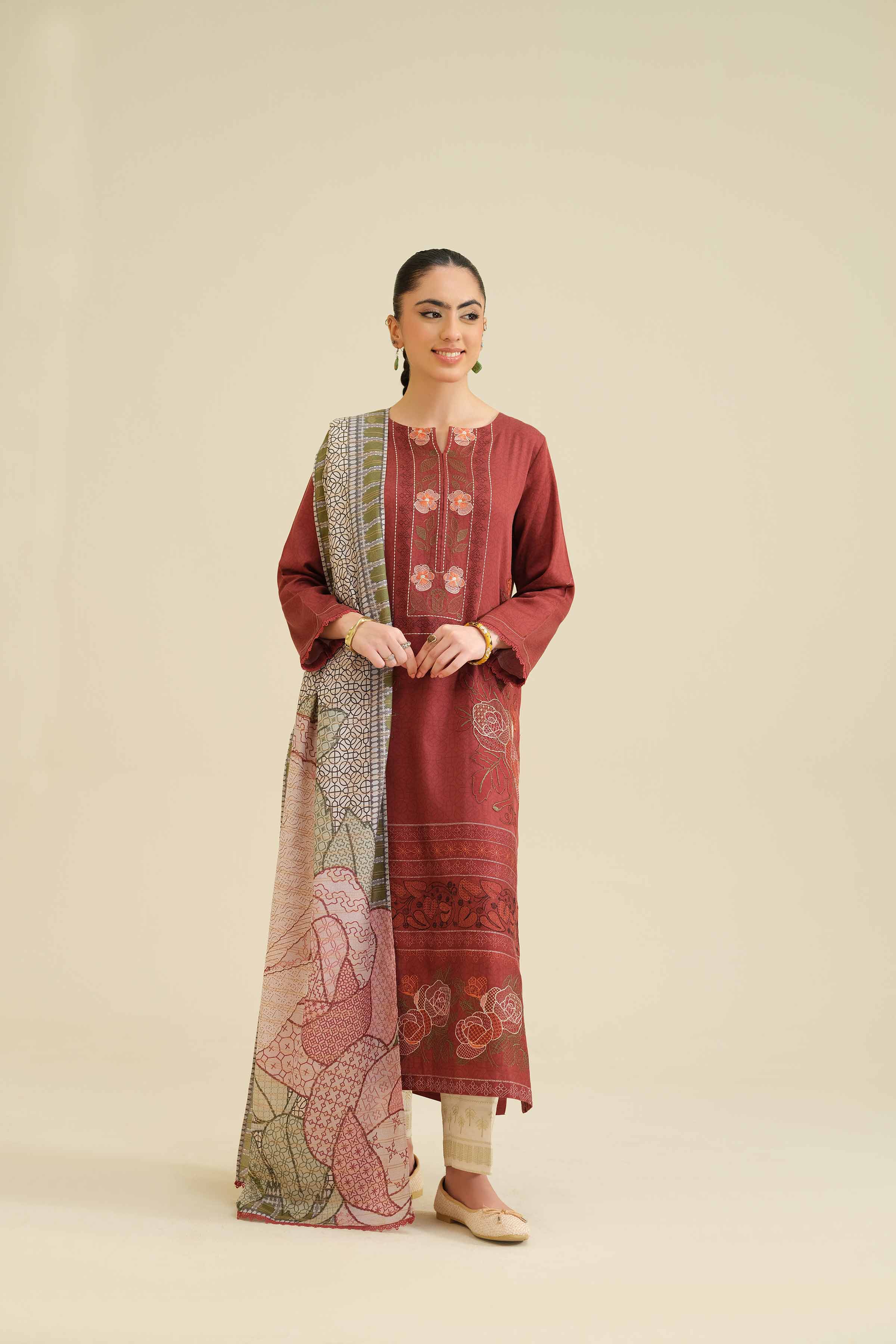 NishatUK - Maroon Embroidered Sateen 2-piece ready to wear Dress