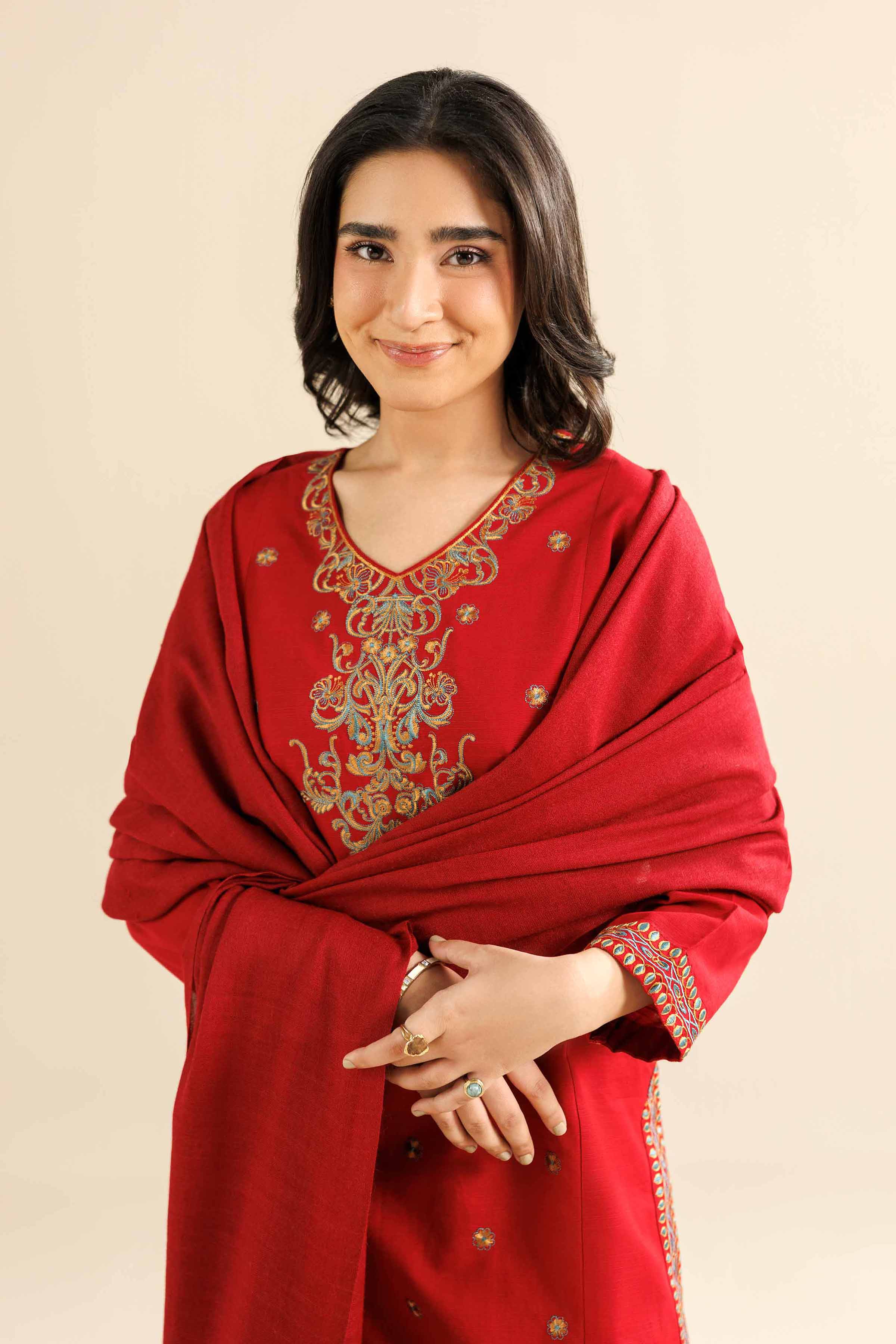 NishatUK - Red Embroidered Khaddar 2-piece ready to wear Dress