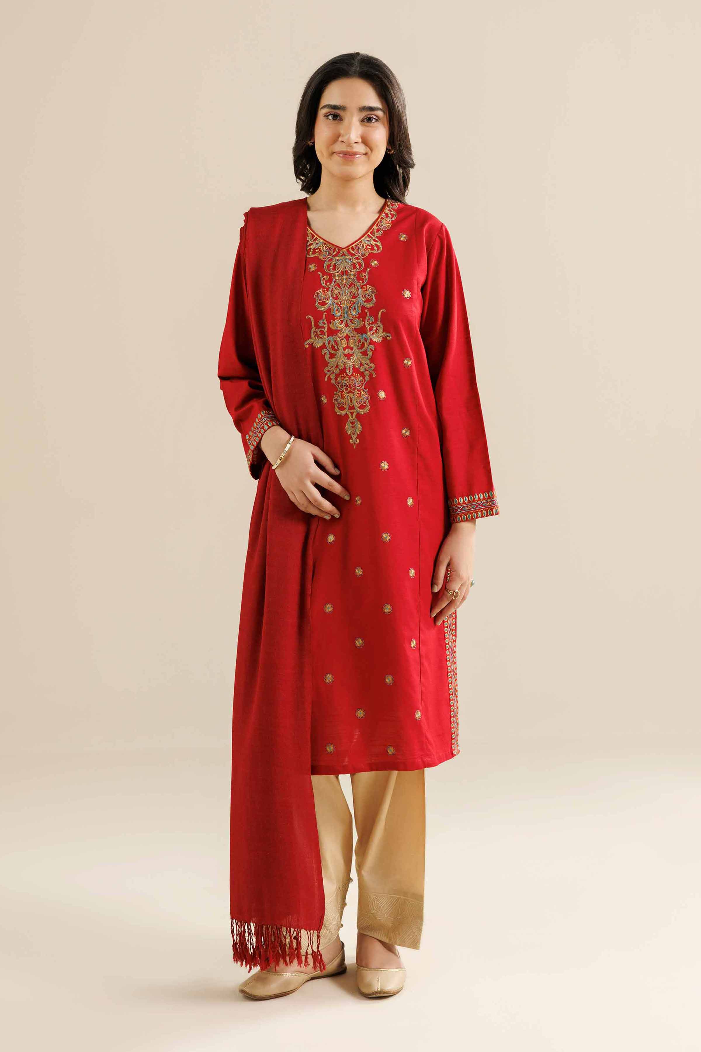 NishatUK - Red Embroidered Khaddar 2-piece ready to wear Dress