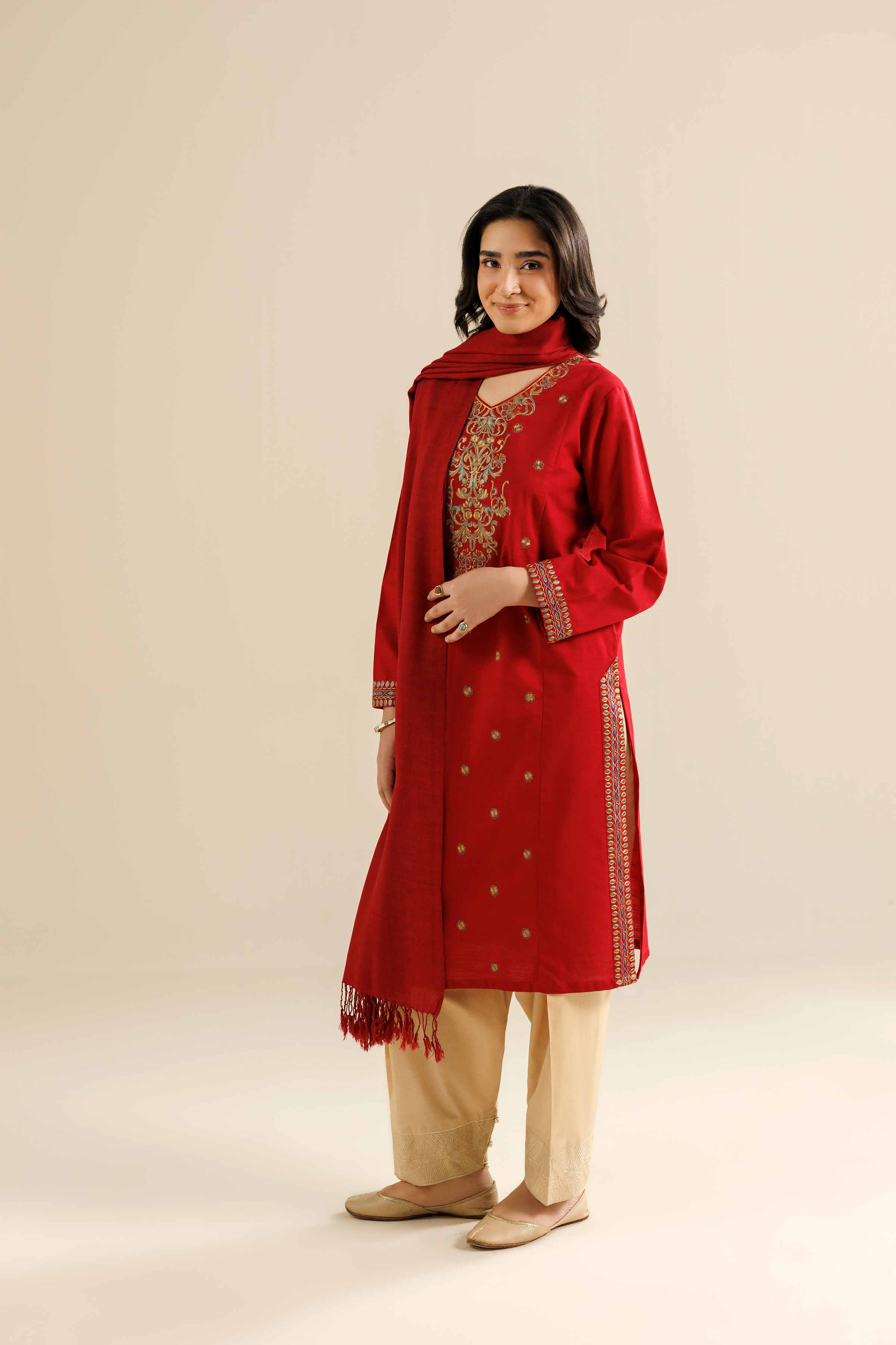 NishatUK - Red Embroidered Khaddar 2-piece ready to wear Dress