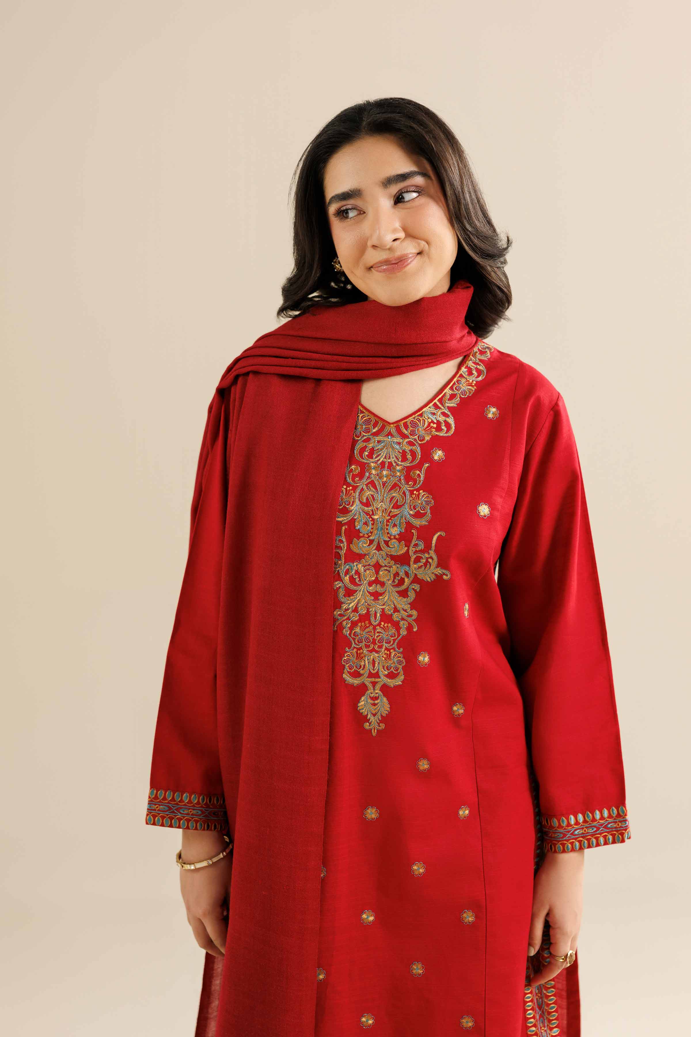 NishatUK - Red Embroidered Khaddar 2-piece ready to wear Dress