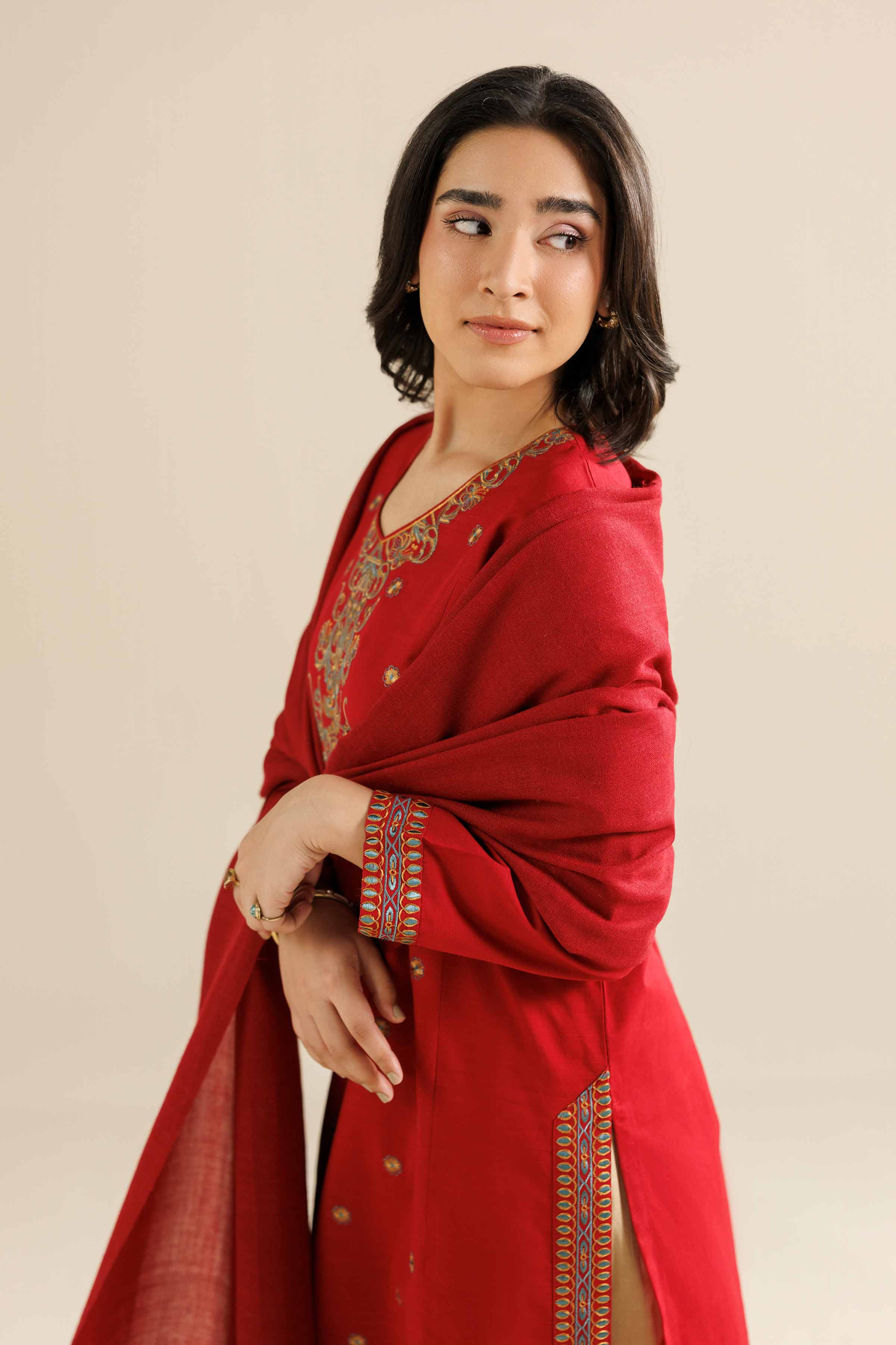 NishatUK - Red Embroidered Khaddar 2-piece ready to wear Dress