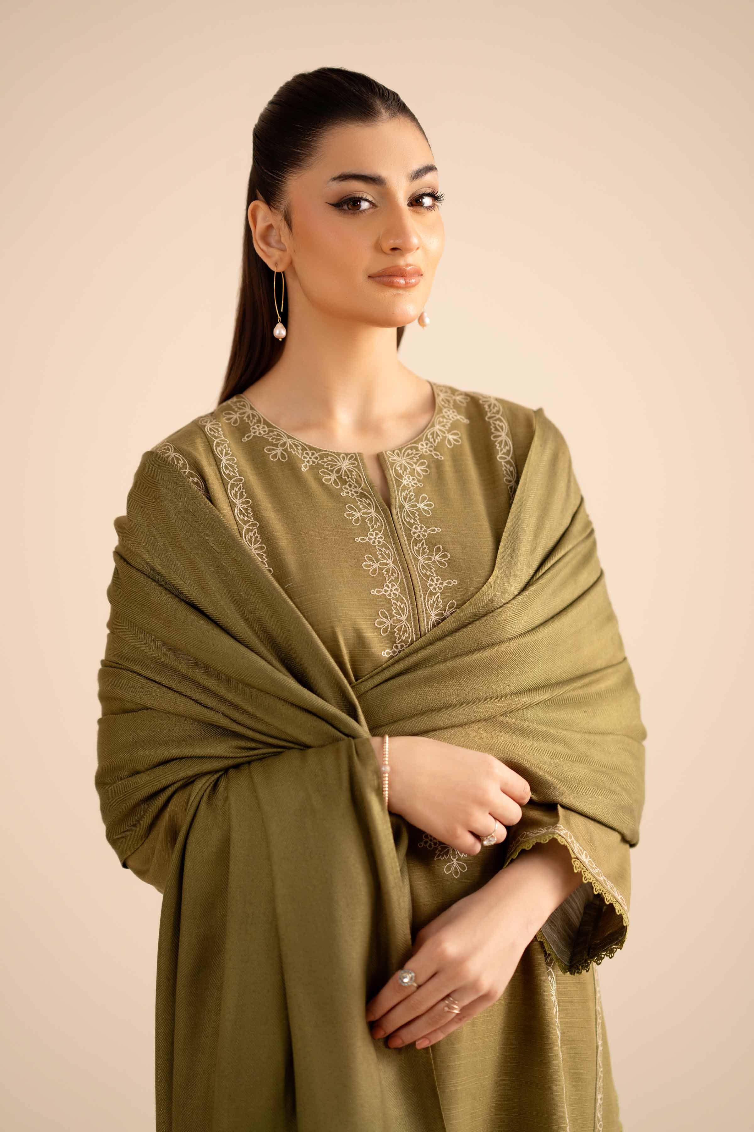 NishatUK - Olive Embroidered Khaddar 2-piece ready to wear Dress