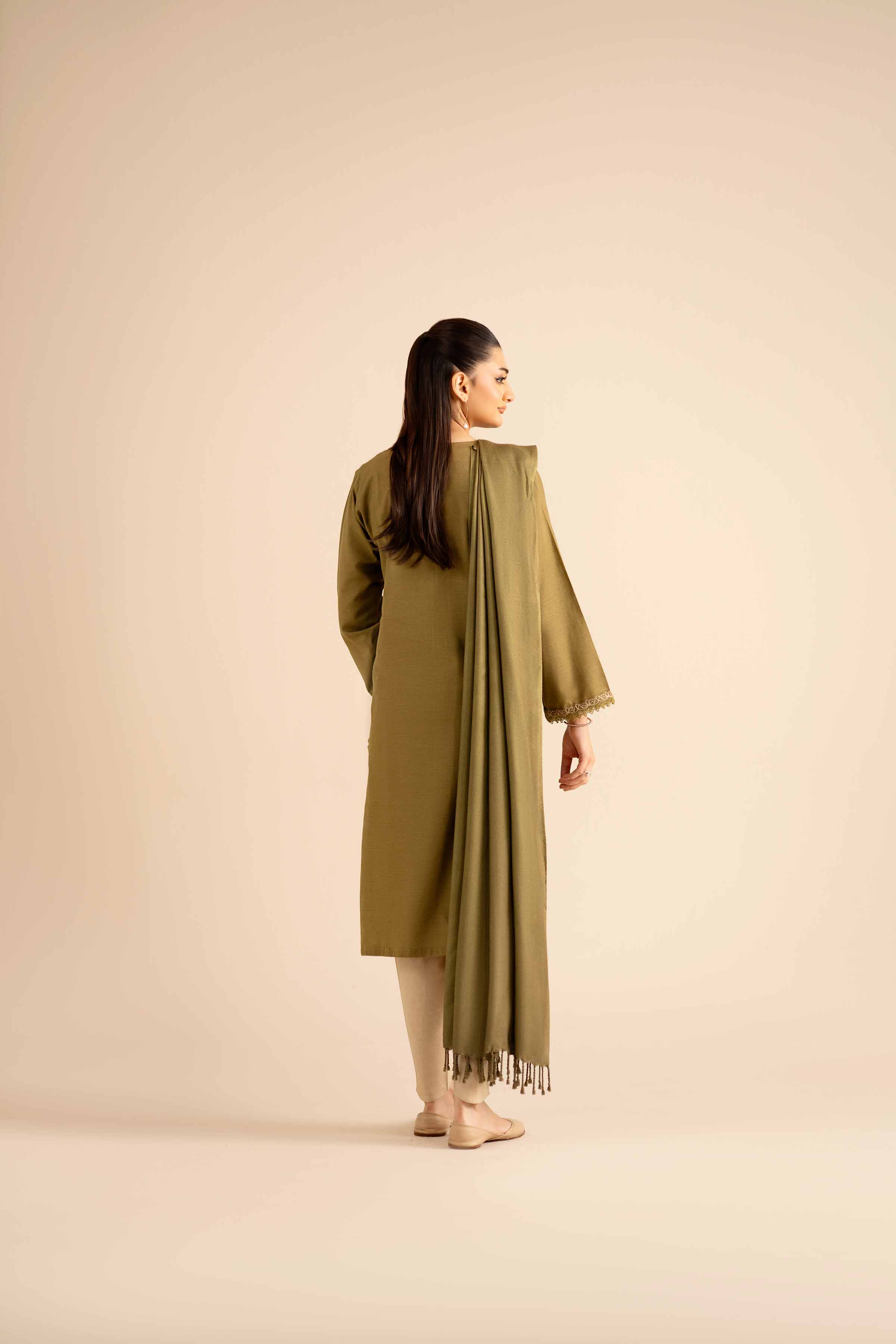NishatUK - Olive Embroidered Khaddar 2-piece ready to wear Dress