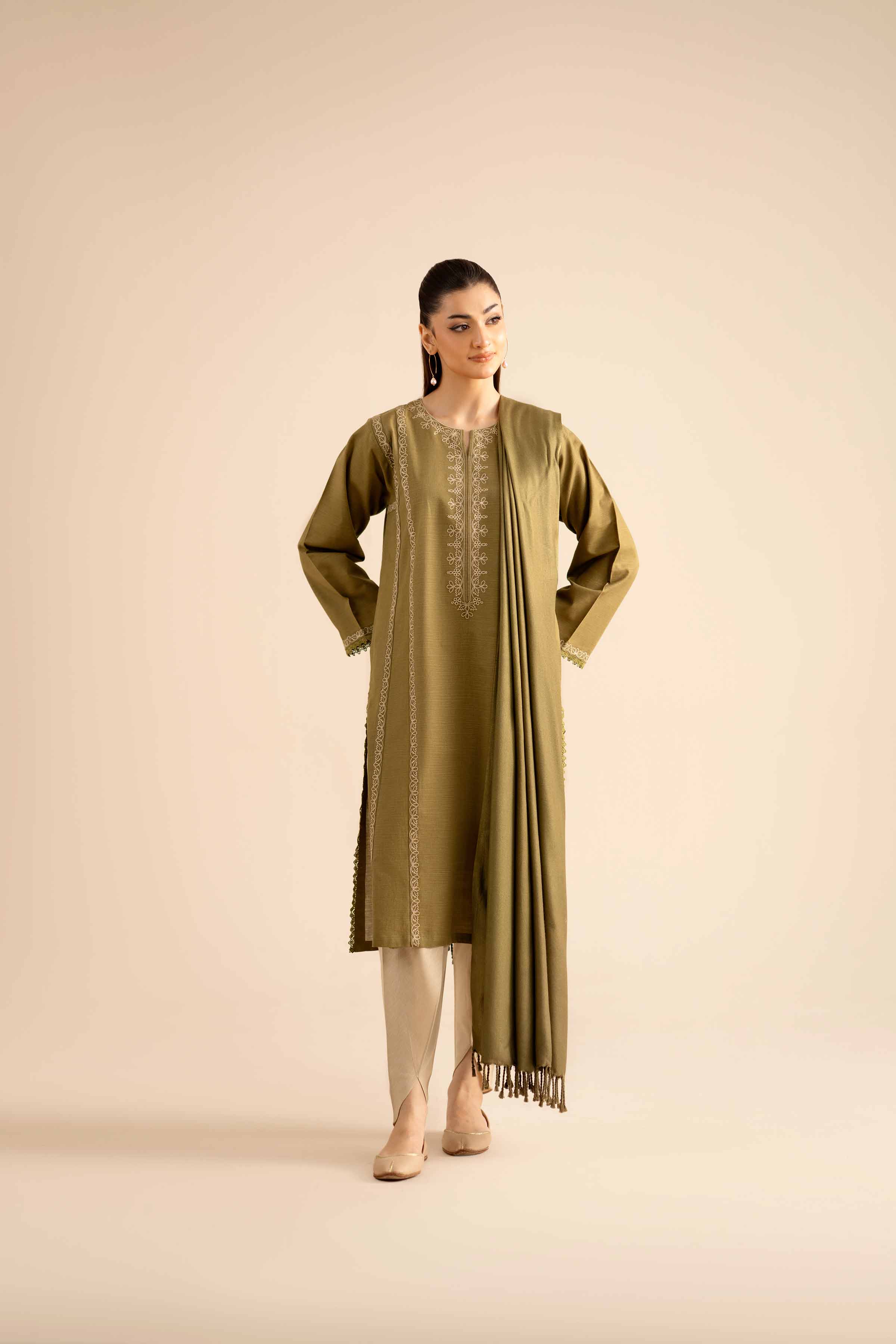 NishatUK - Olive Embroidered Khaddar 2-piece ready to wear Dress
