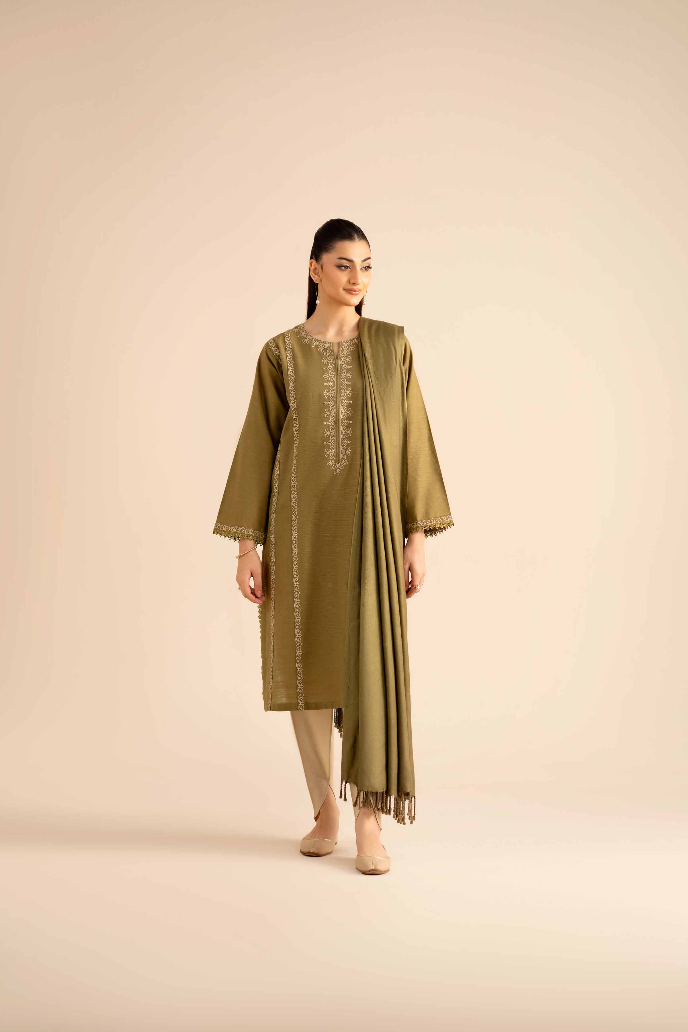 NishatUK - Olive Embroidered Khaddar 2-piece ready to wear Dress