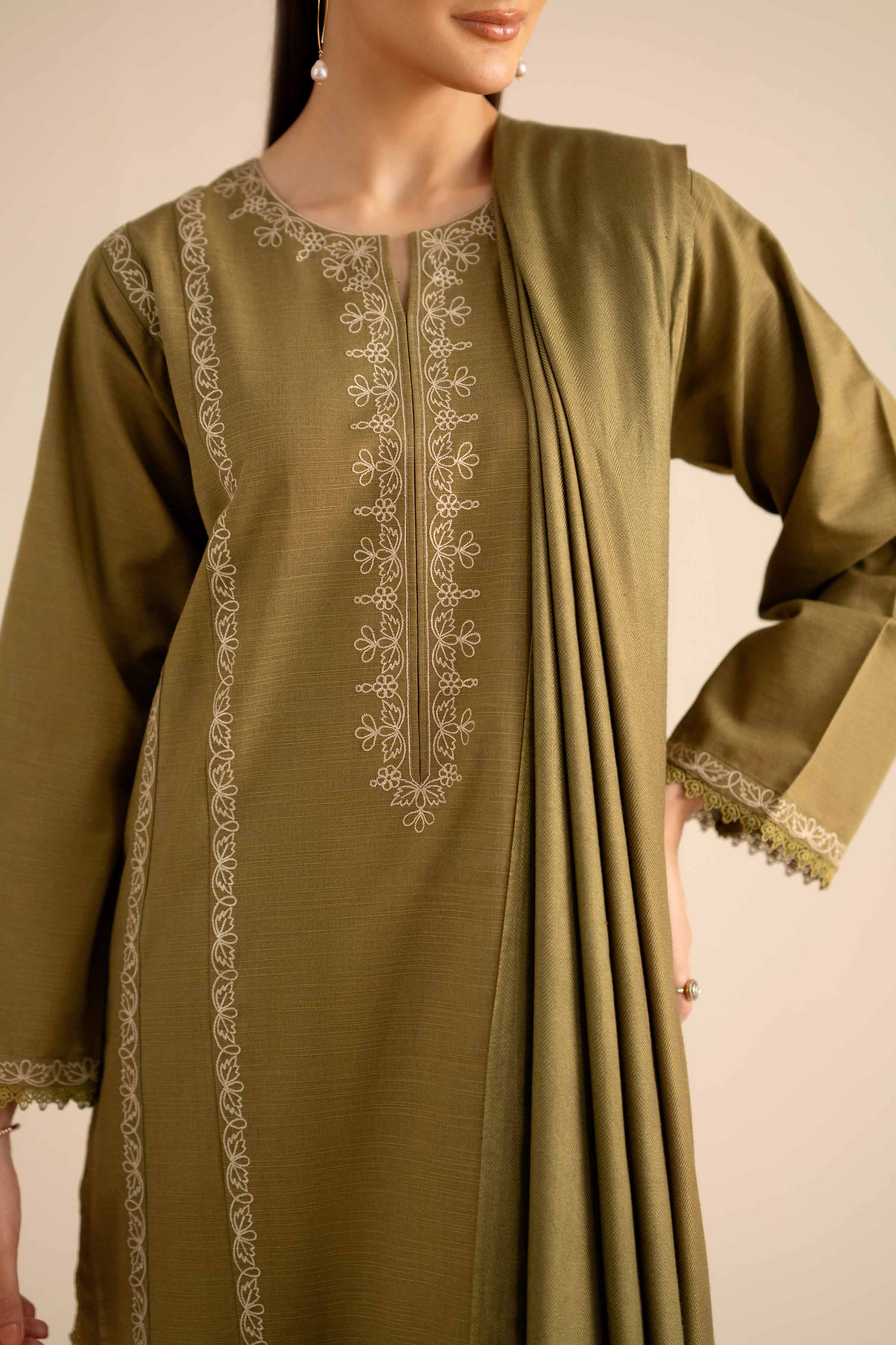 NishatUK - Olive Embroidered Khaddar 2-piece ready to wear Dress