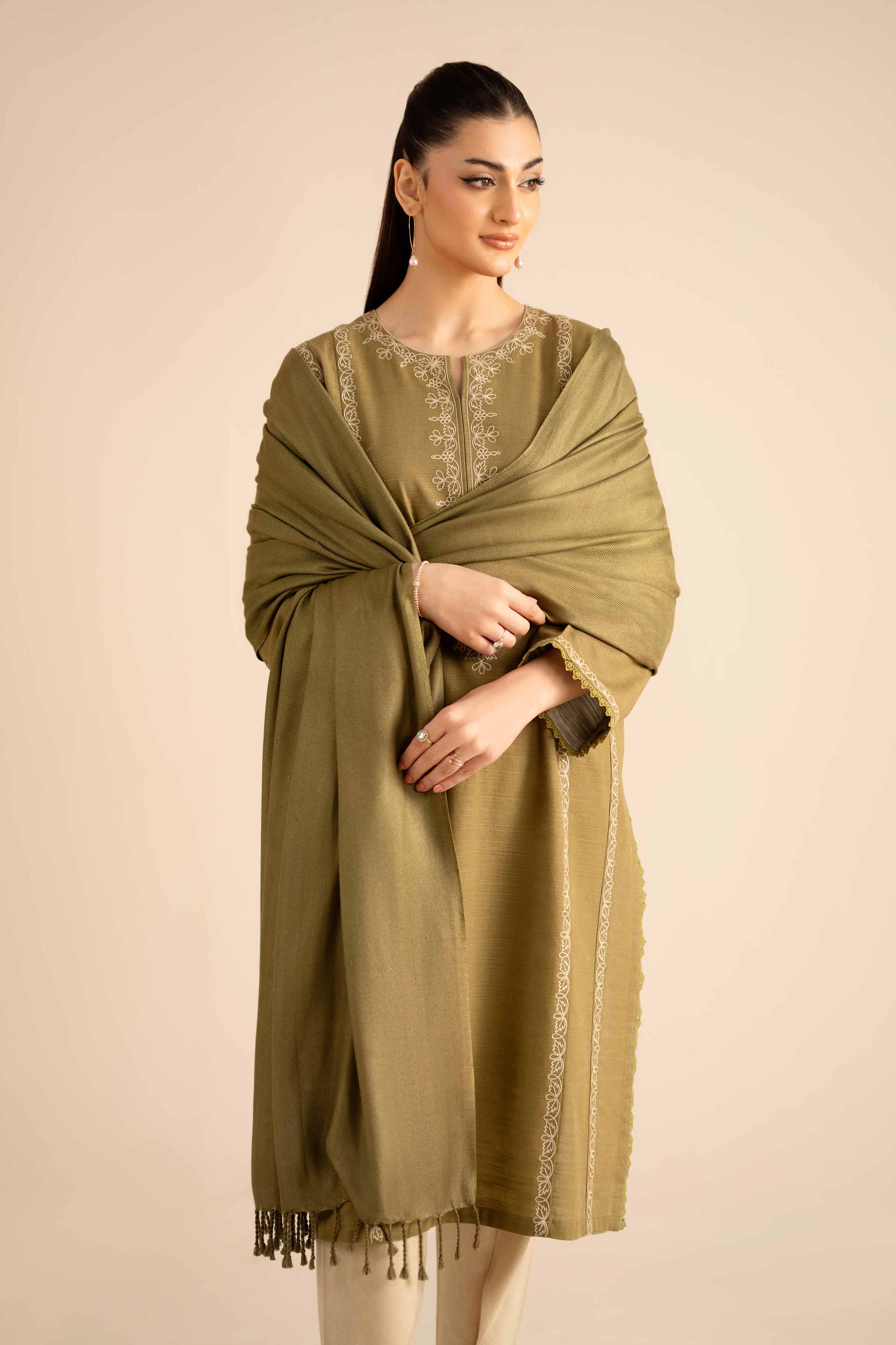 NishatUK - Olive Embroidered Khaddar 2-piece ready to wear Dress