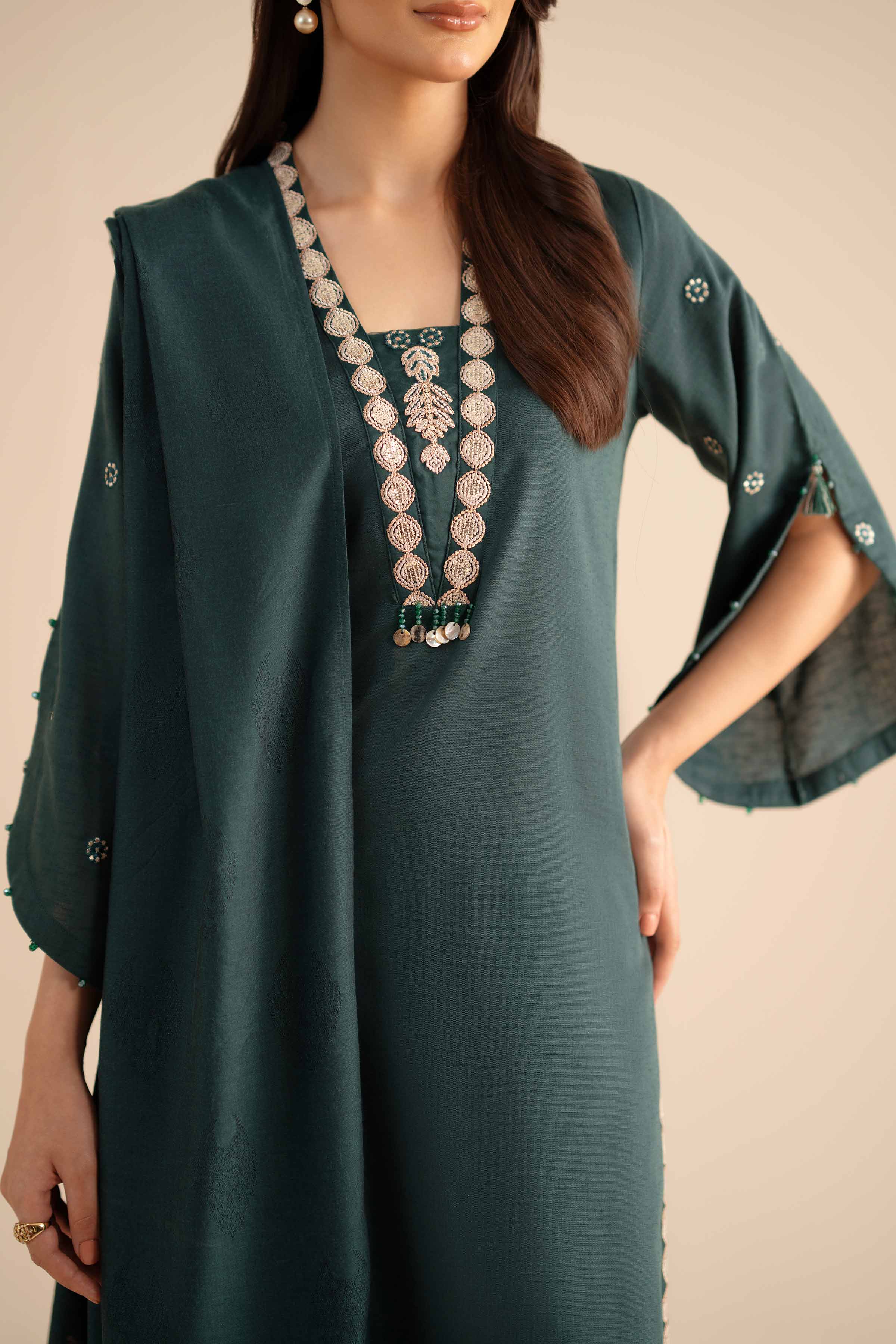 NishatUK - Green Embroidered Karandi 3-piece ready to wear Suit