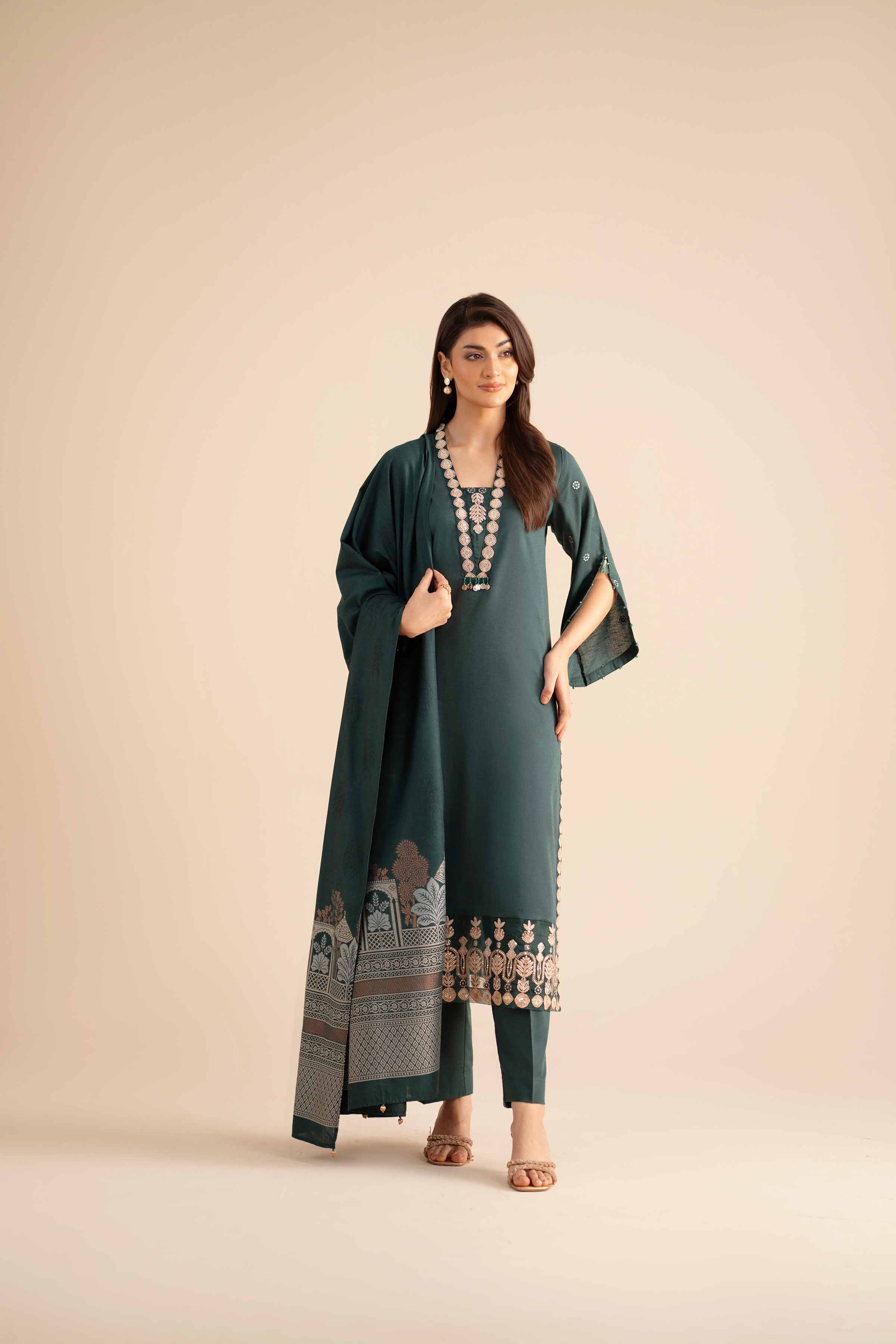 NishatUK - Green Embroidered Karandi 3-piece ready to wear Suit