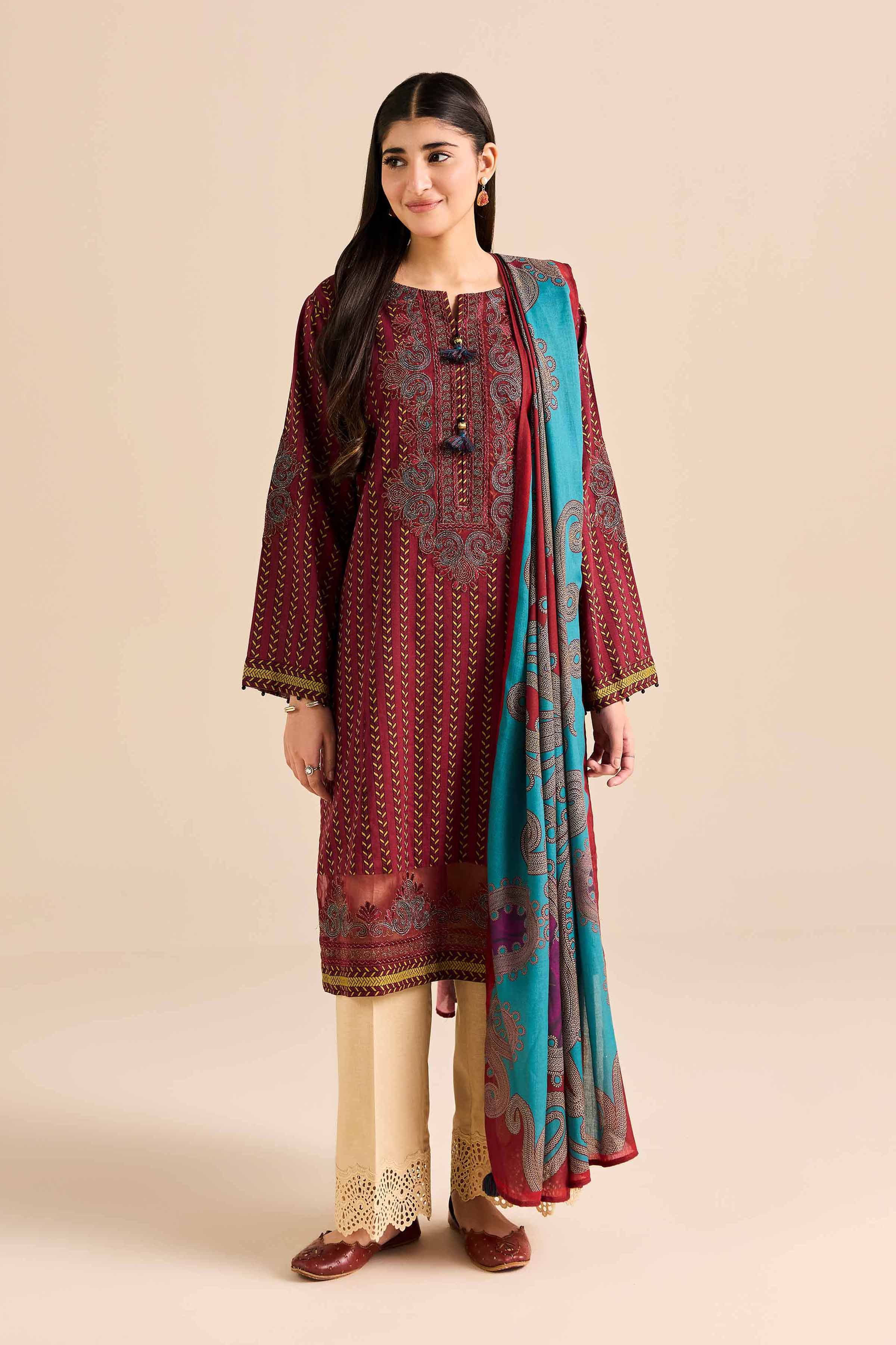 NishatUK - Red Embroidered Karandi 2-piece ready to wear Dress