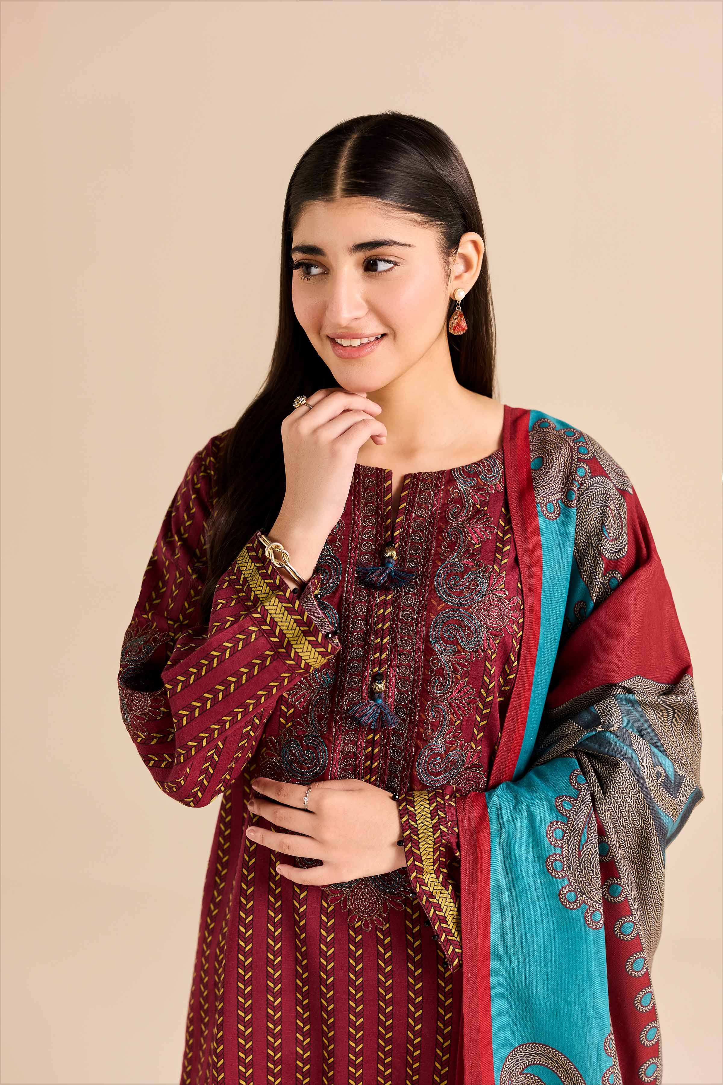 NishatUK - Red Embroidered Karandi 2-piece ready to wear Dress