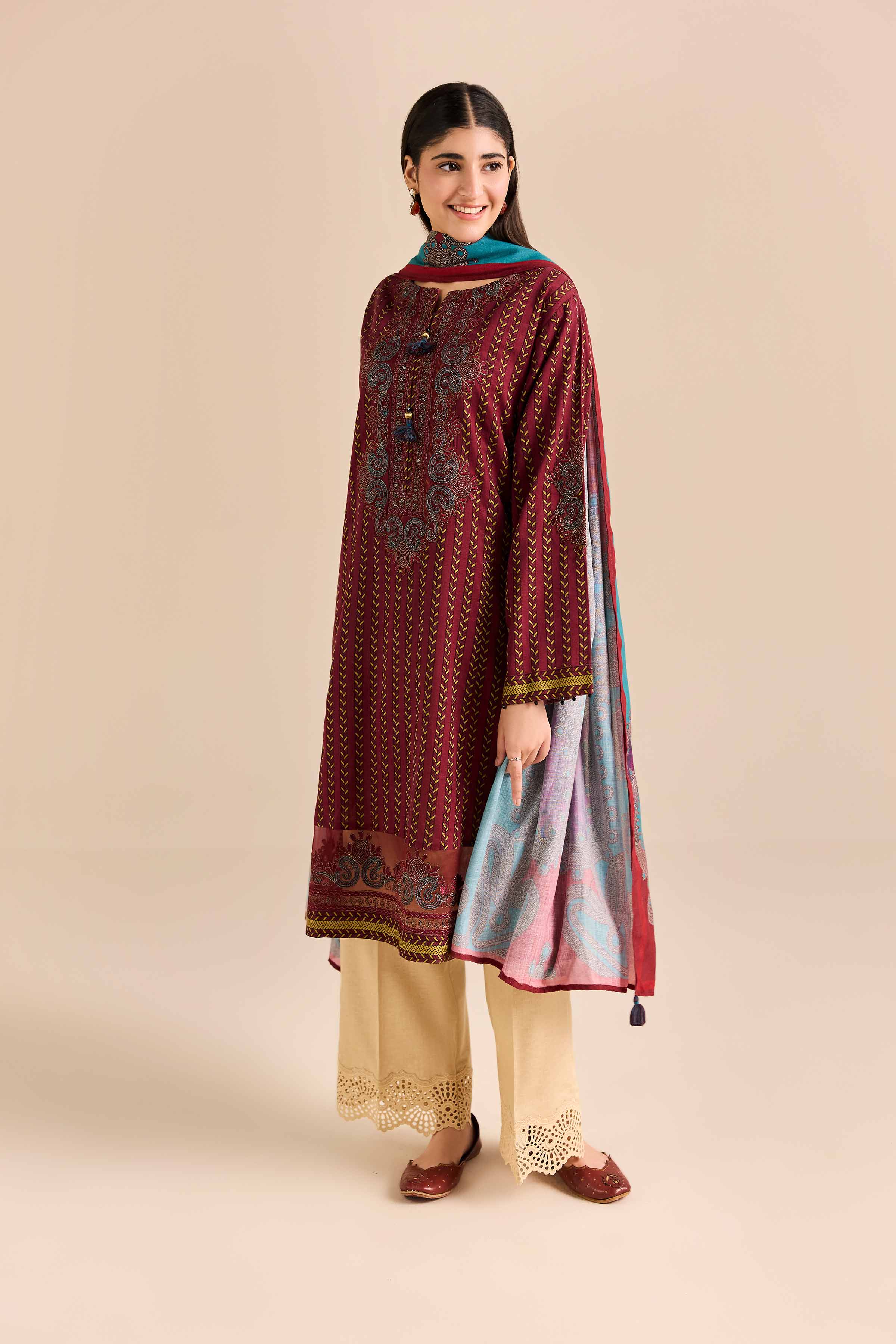 NishatUK - Red Embroidered Karandi 2-piece ready to wear Dress