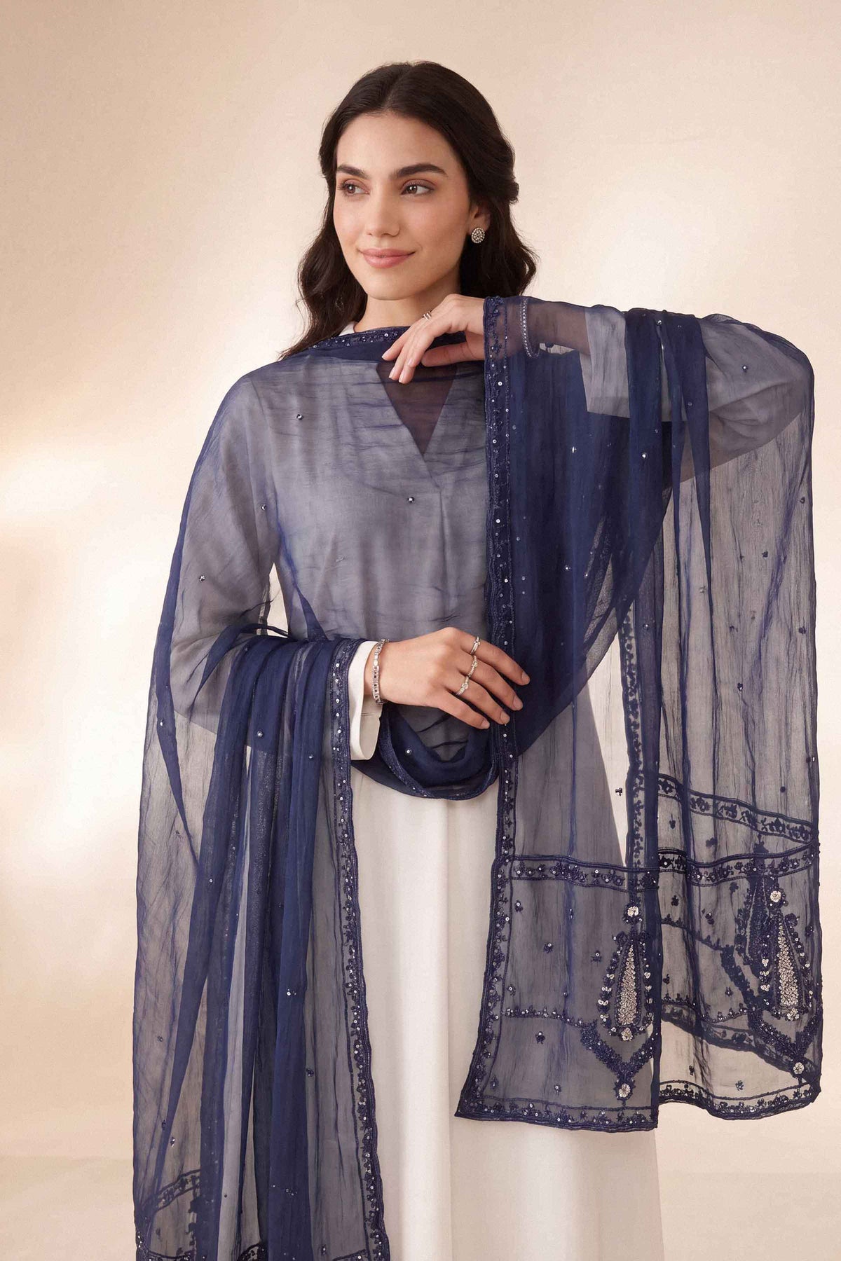Nishat UK - Blue Embroidered Chiffon 1 Piece ready to wear dupatta