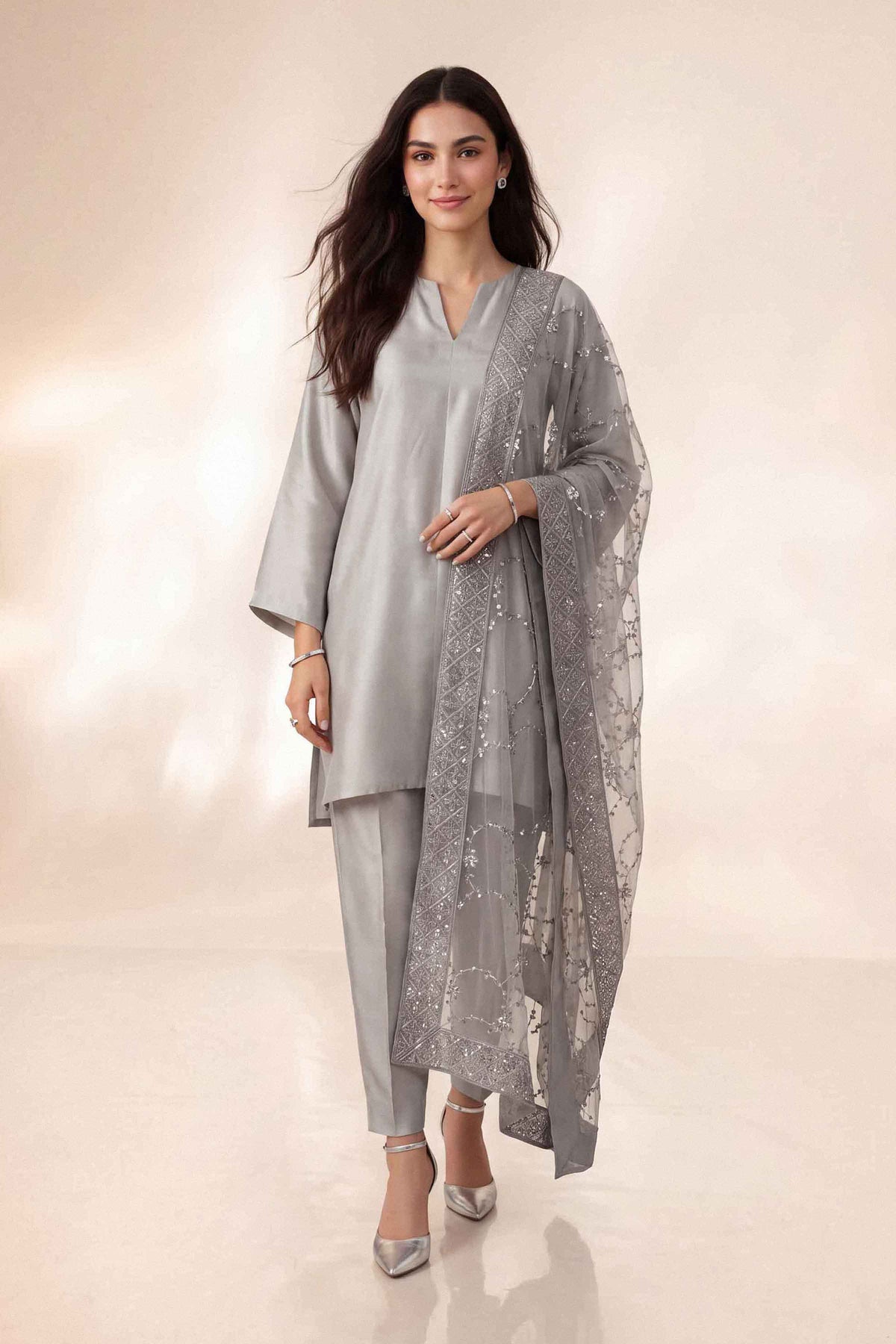 Nishat UK - Grey Embroidered Net 1 Piece ready to wear luxury dupatta