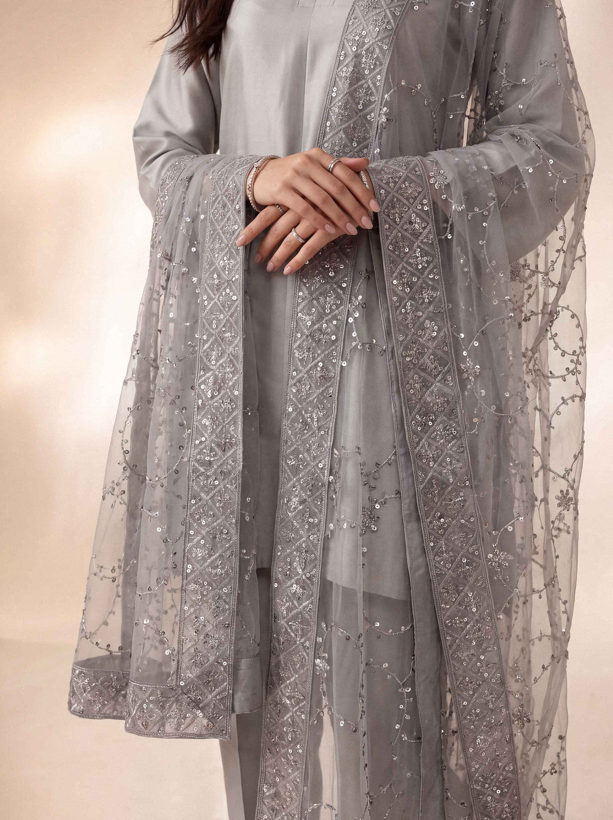 Nishat UK - Grey Embroidered Net 1 Piece ready to wear luxury dupatta
