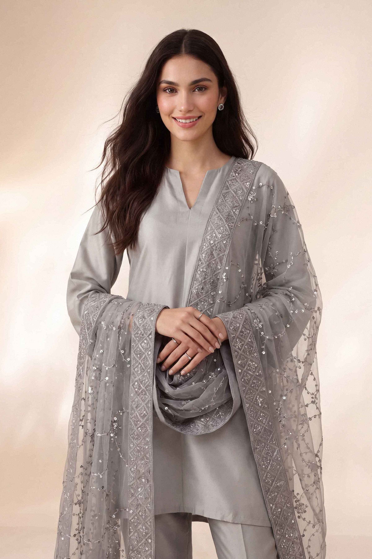 Nishat UK - Grey Embroidered Net 1 Piece ready to wear luxury dupatta