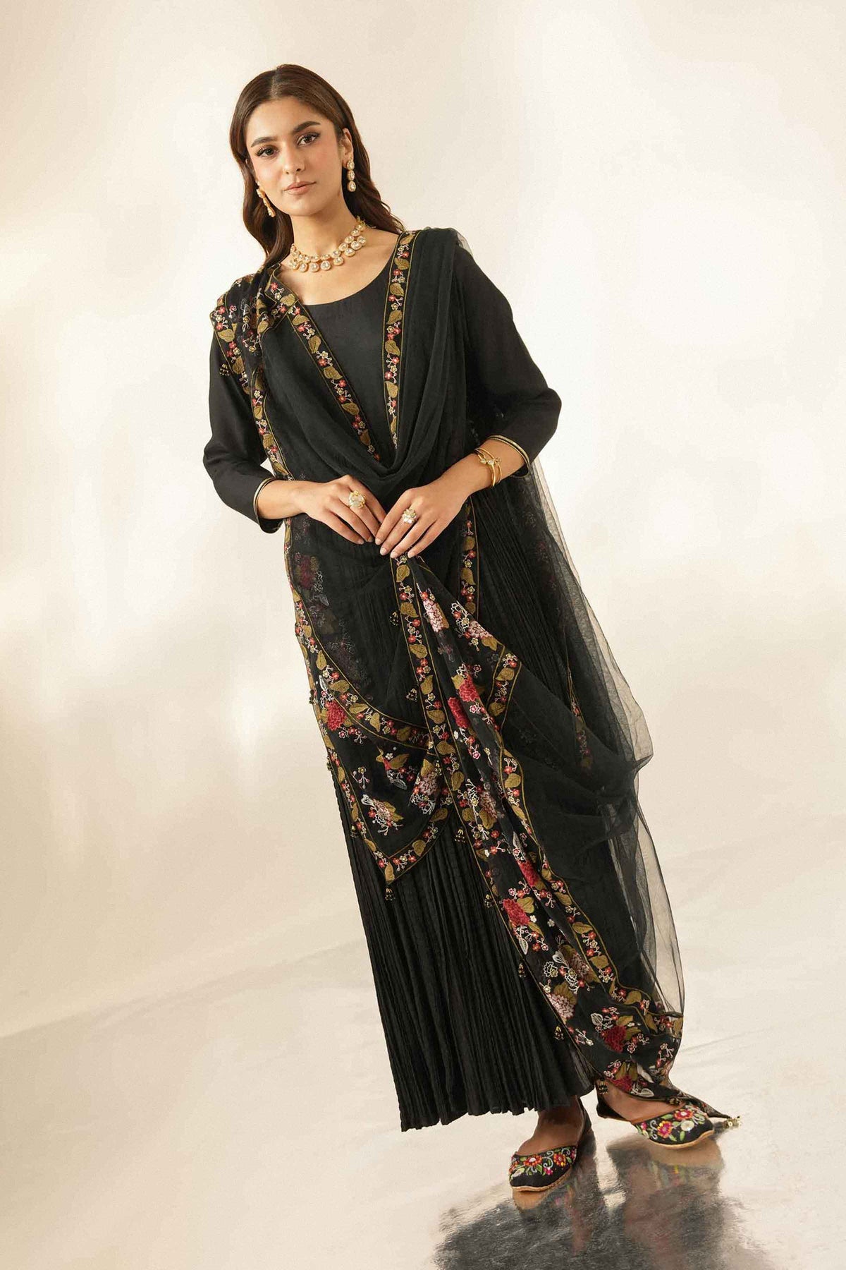 Nishat UK - Black Embroidered Net 1 Piece ready to wear luxury dupatta