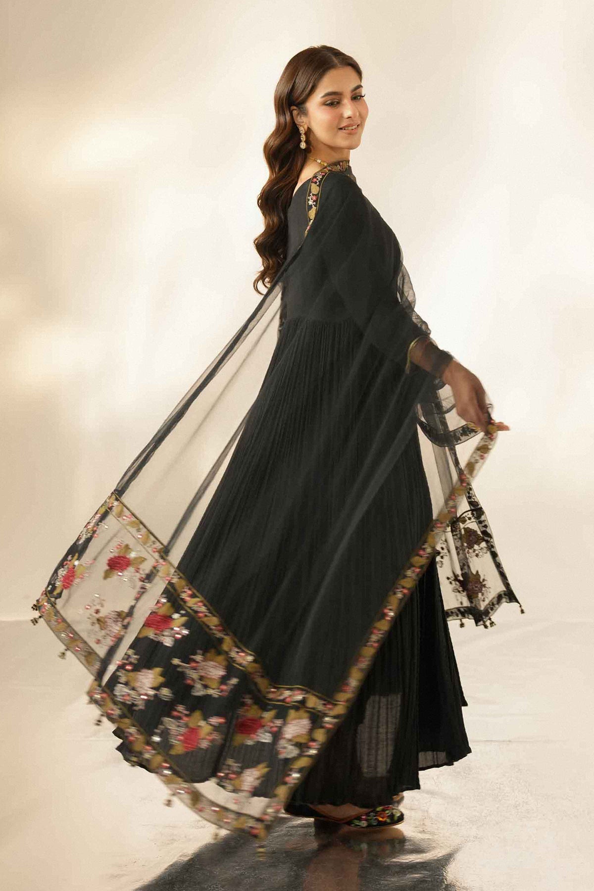 Nishat UK - Black Embroidered Net 1 Piece ready to wear luxury dupatta