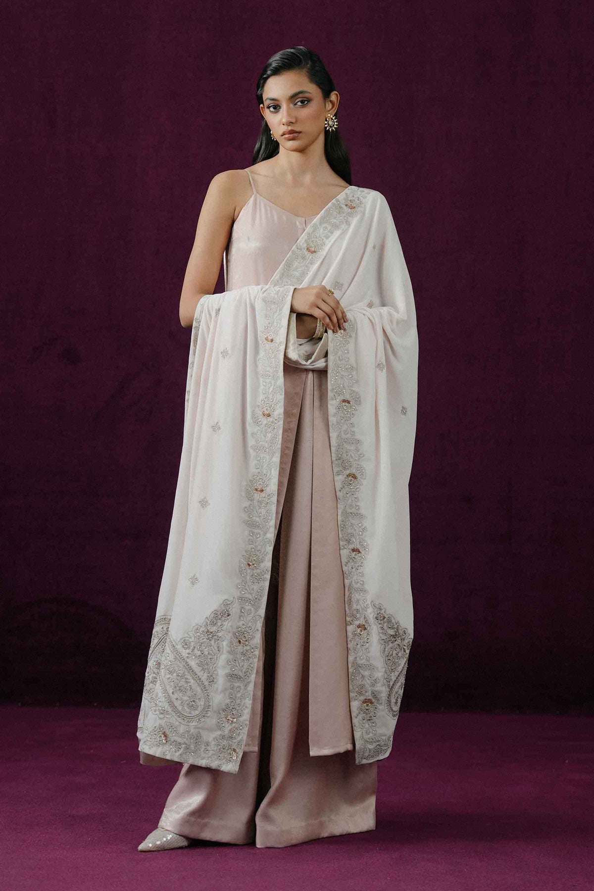 Nishat UK - White Embroidered Velvet 1 Piece ready to wear shawl