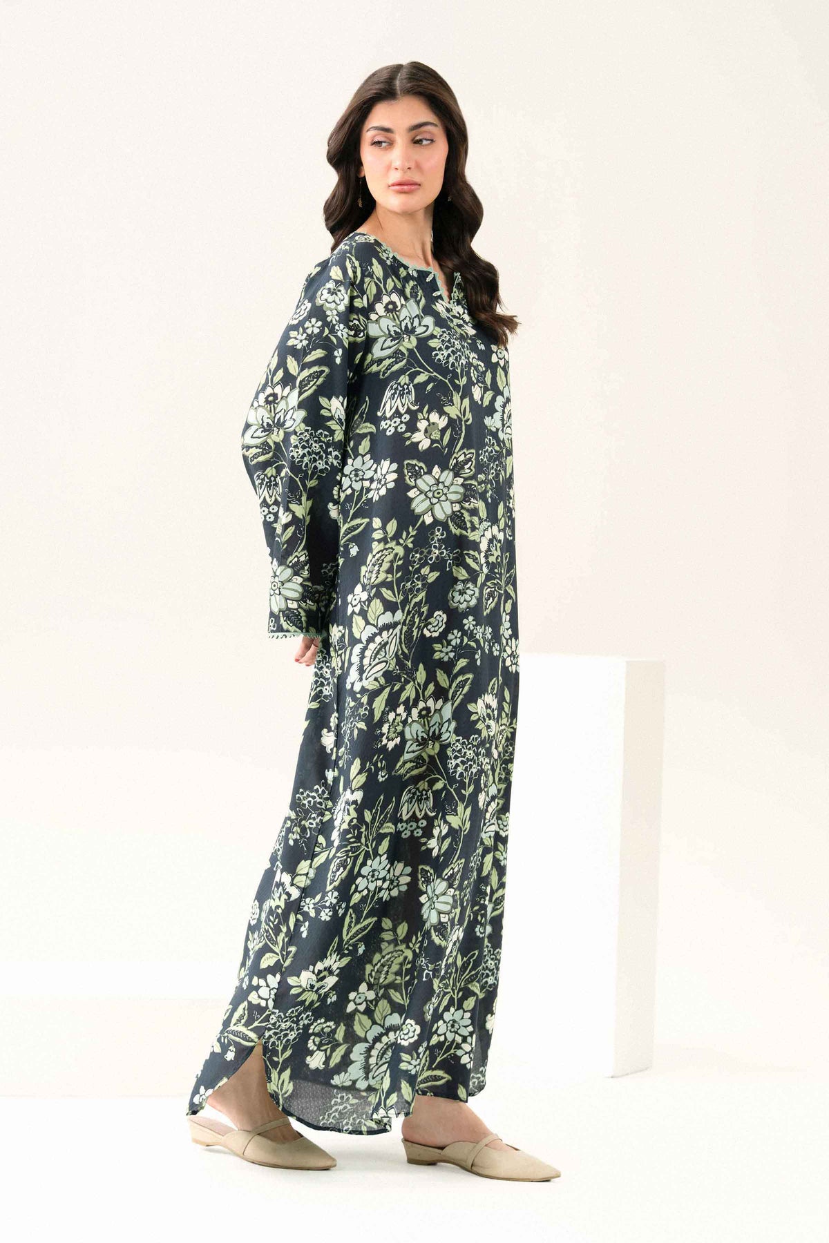 Nishat UK - Black Printed Dobby 1 Piece ready to wear long dress