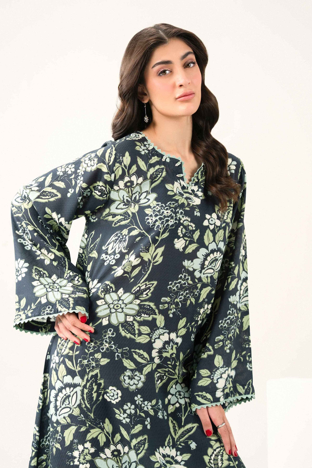 Nishat UK - Black Printed Dobby 1 Piece ready to wear long dress