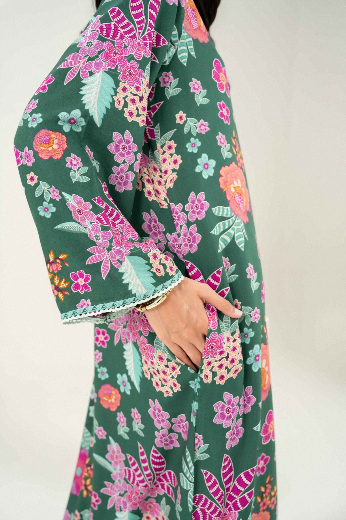 Nishat UK - Green Printed Cotton 1 Piece ready to wear long dress