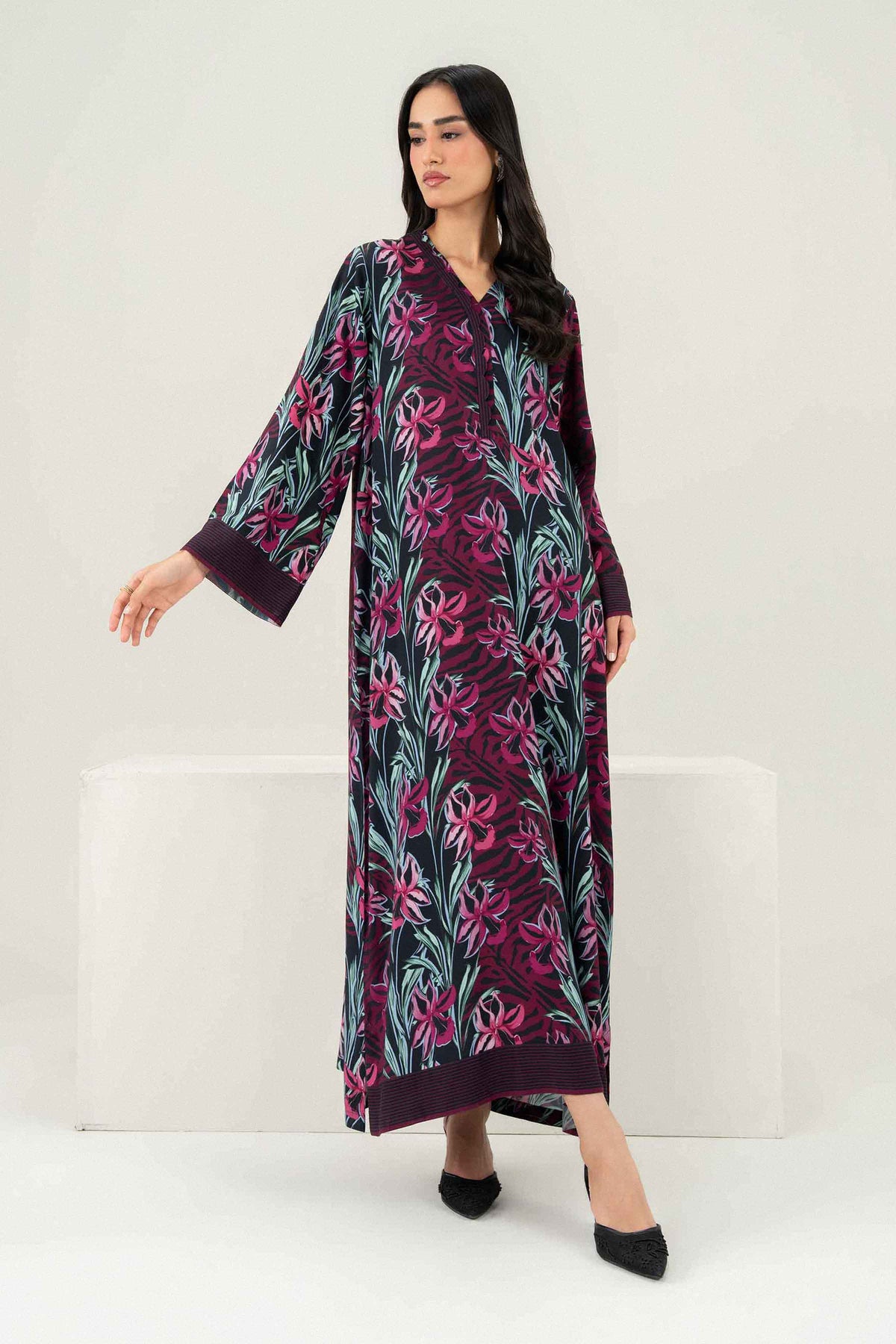 Nishat UK - Black Printed Linen 1 Piece ready to wear long dress