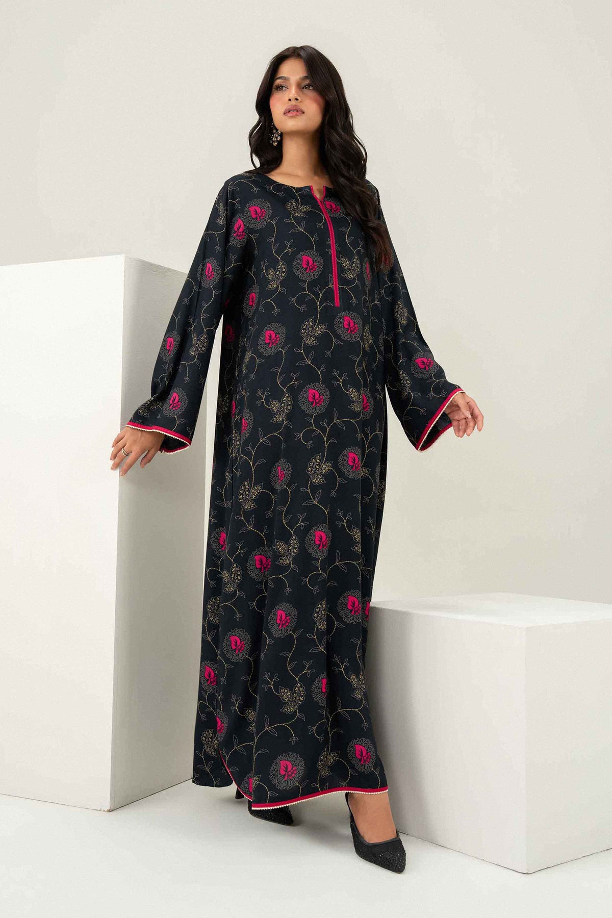 Nishat UK - Black Printed Cotton 1 Piece ready to wear long dress