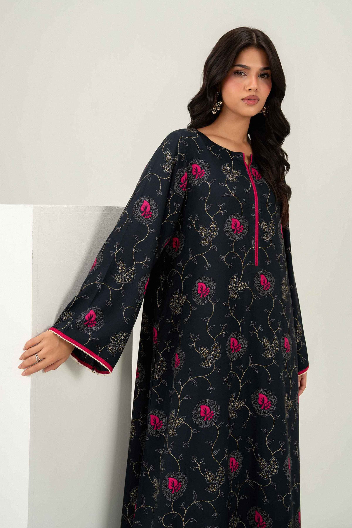 Nishat UK - Black Printed Cotton 1 Piece ready to wear long dress