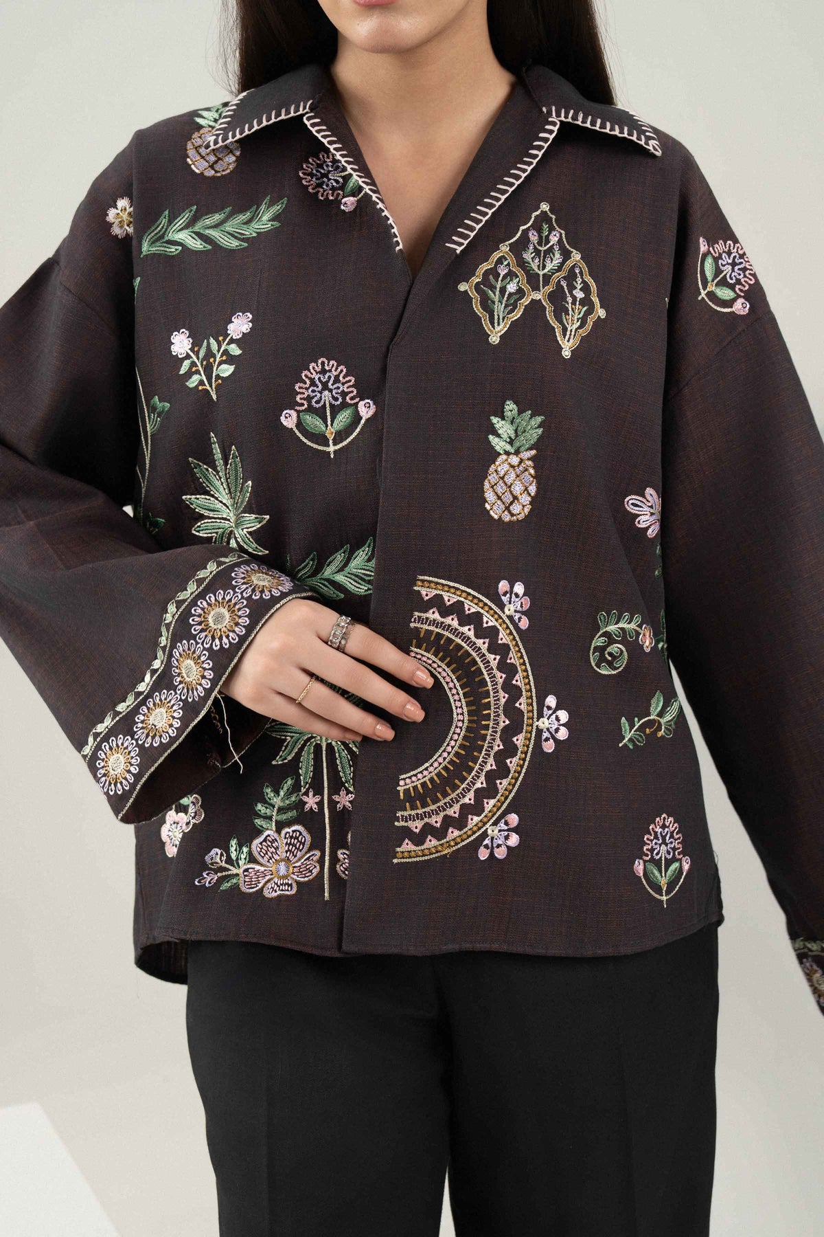 Nishat UK - Brown Embroidered Seer Sucker 1 Piece ready to wear Western Pret