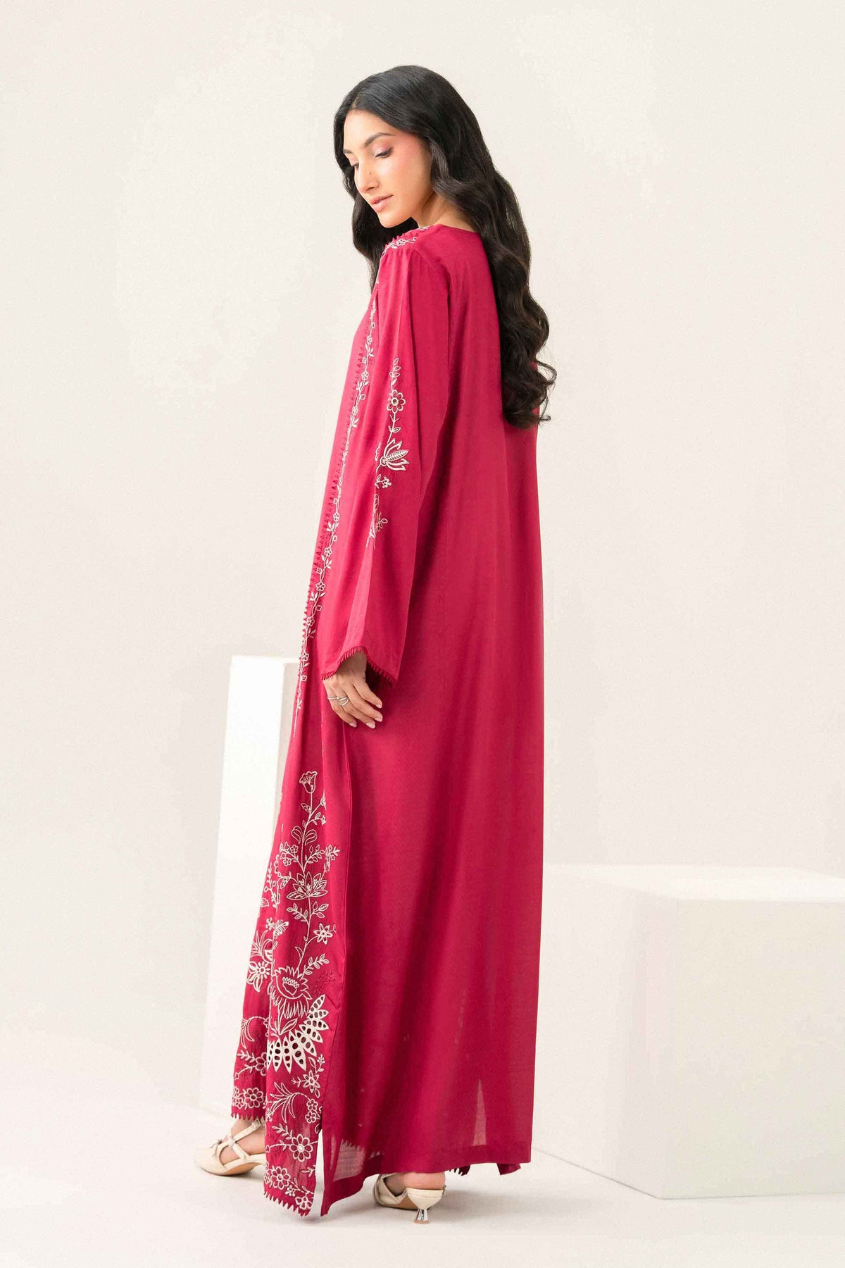 Nishat UK - Red Embroidered Dobby 1 Piece ready to wear long dress