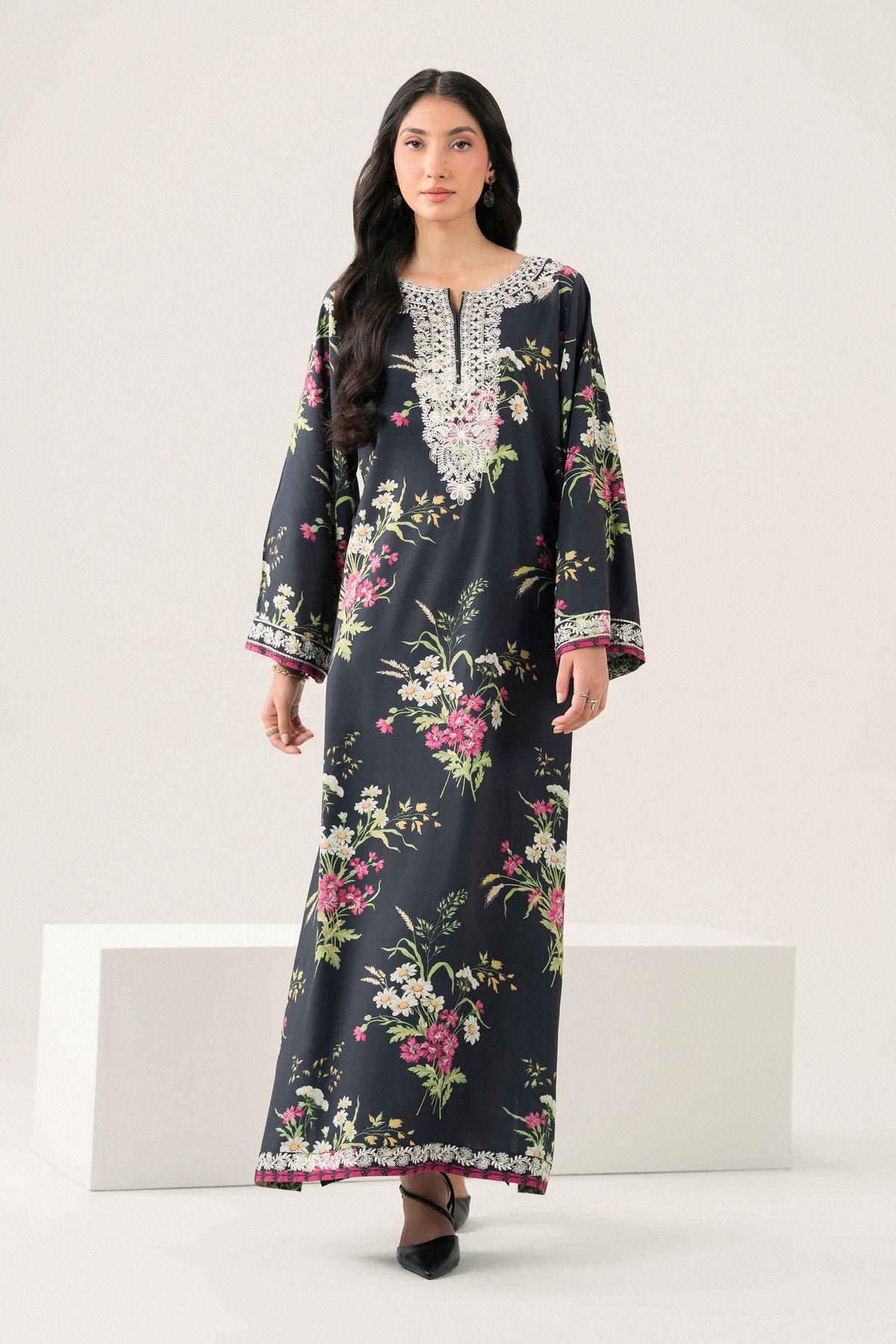 Nishat UK - Black Embroidered Linen 1 Piece ready to wear long dress