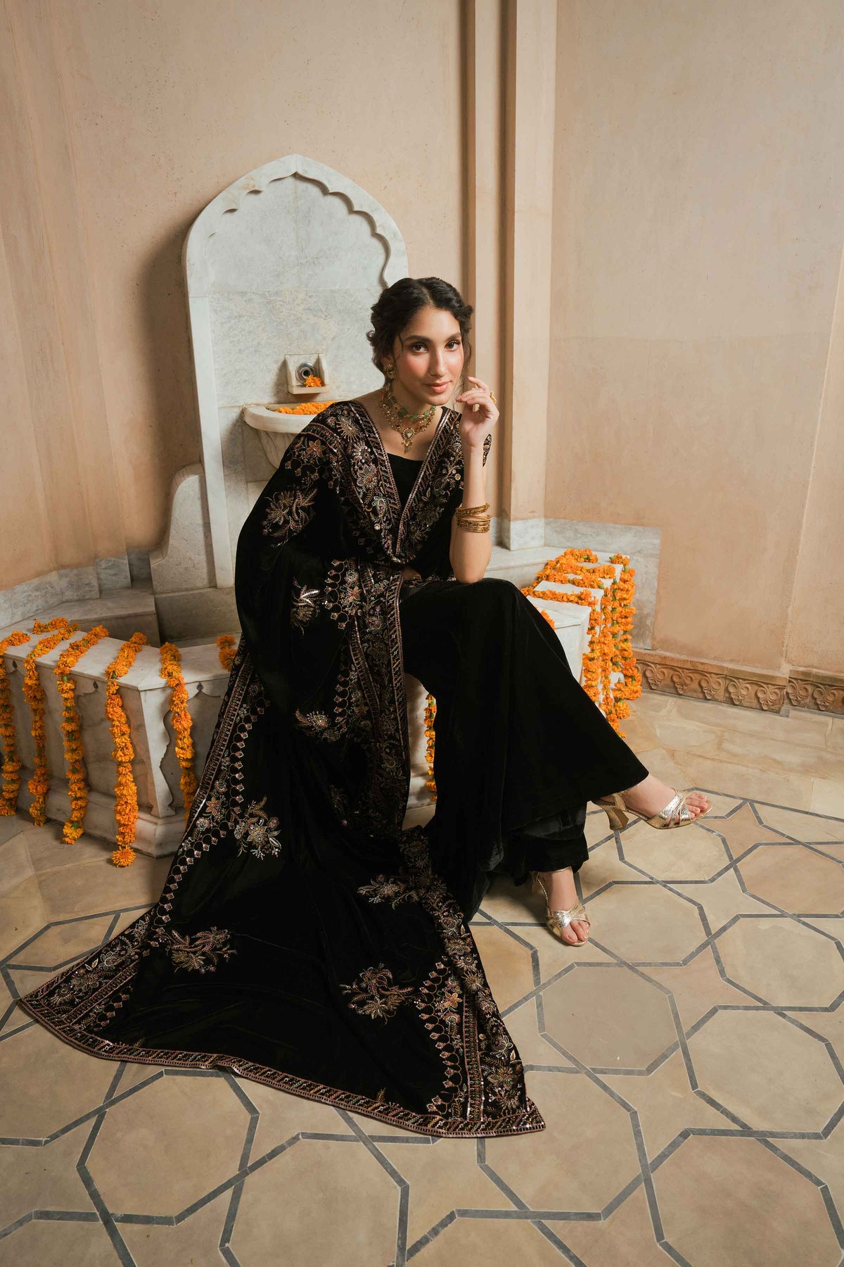 Nishat UK - Black Embroidered Velvet 1 Piece ready to wear shawl