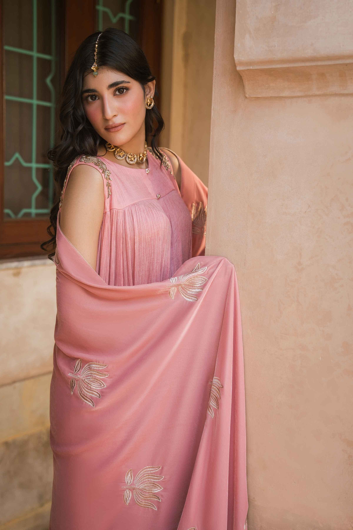 Nishat UK - Pink Embroidered Velvet 1 Piece ready to wear shawl