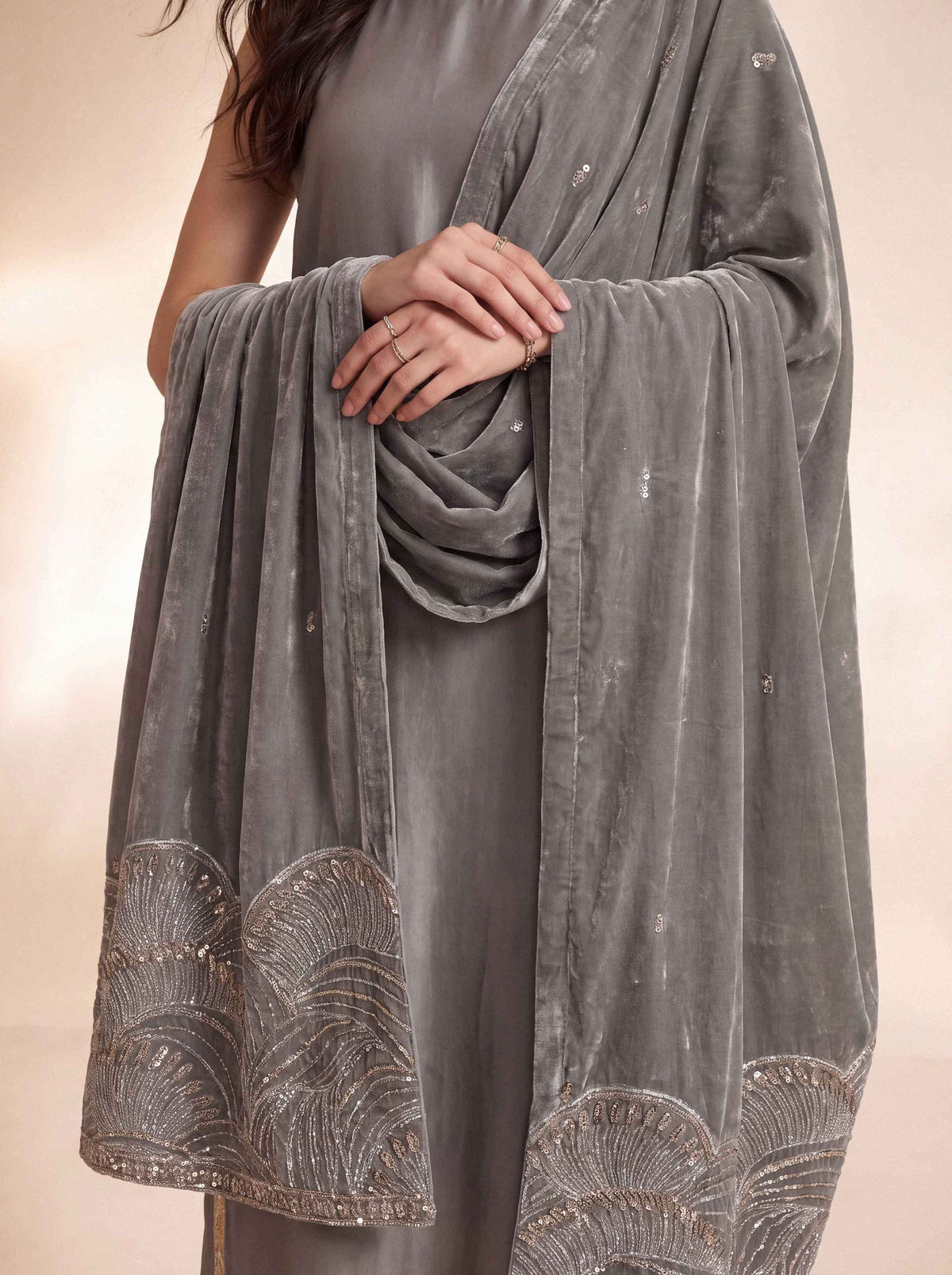 Nishat UK - Grey Embroidered Velvet 1 Piece ready to wear luxury shawl