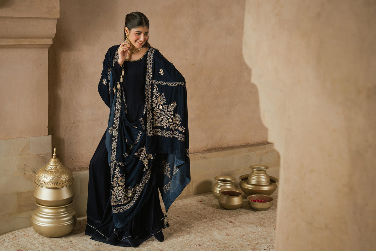Nishat UK - Blue Embroidered Velvet 1 Piece ready to wear luxury shawl