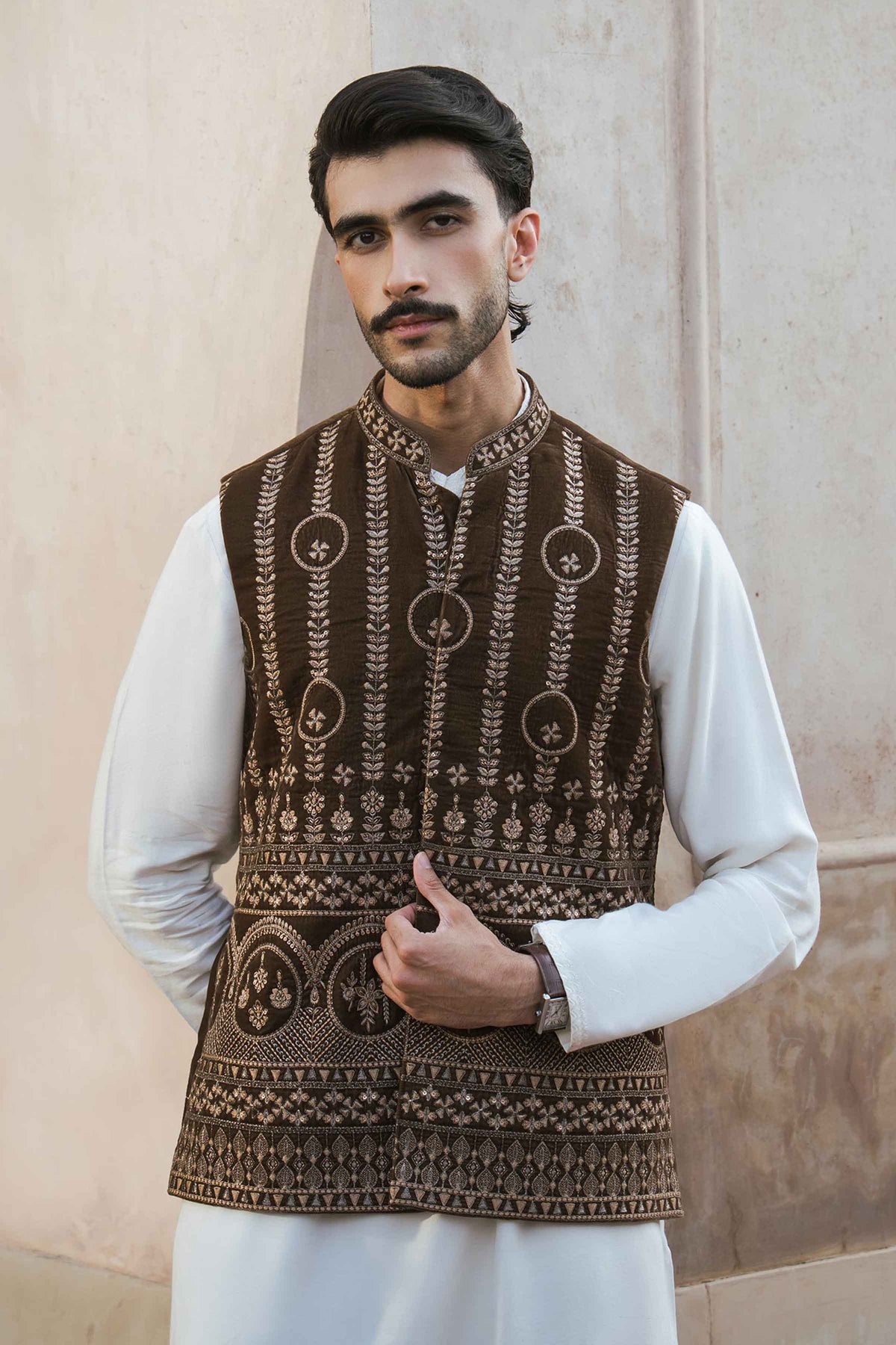 Nishat UK - Brown Embroidered Velvet 1 Piece ready to wear Waistcoat