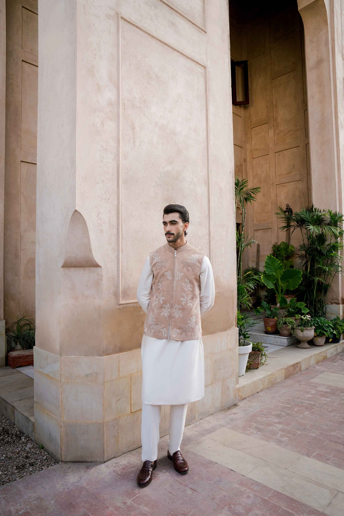 Nishat UK - Beige Embroidered Velvet 1 Piece ready to wear Waistcoat