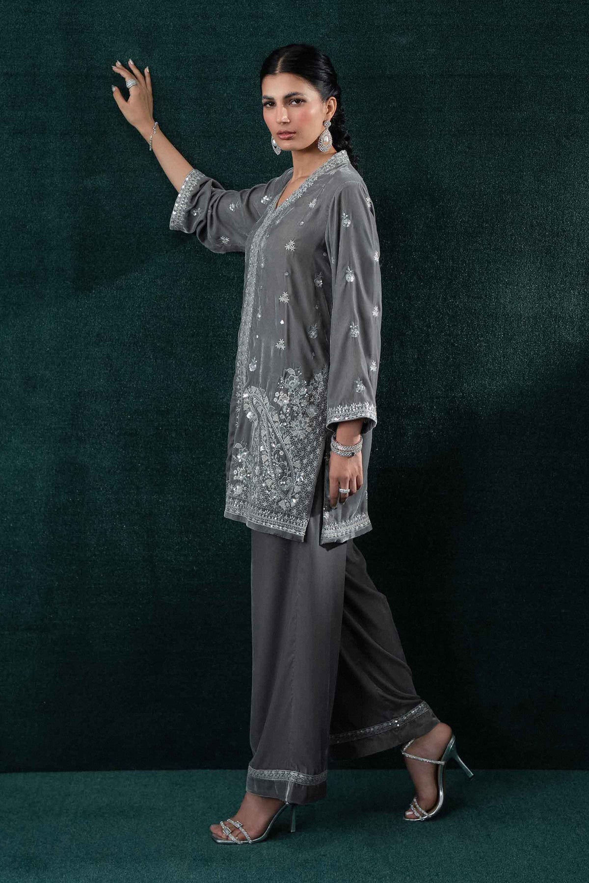 Nishat UK - Grey Embroidered Velvet 2 Pieces ready to wear Dress