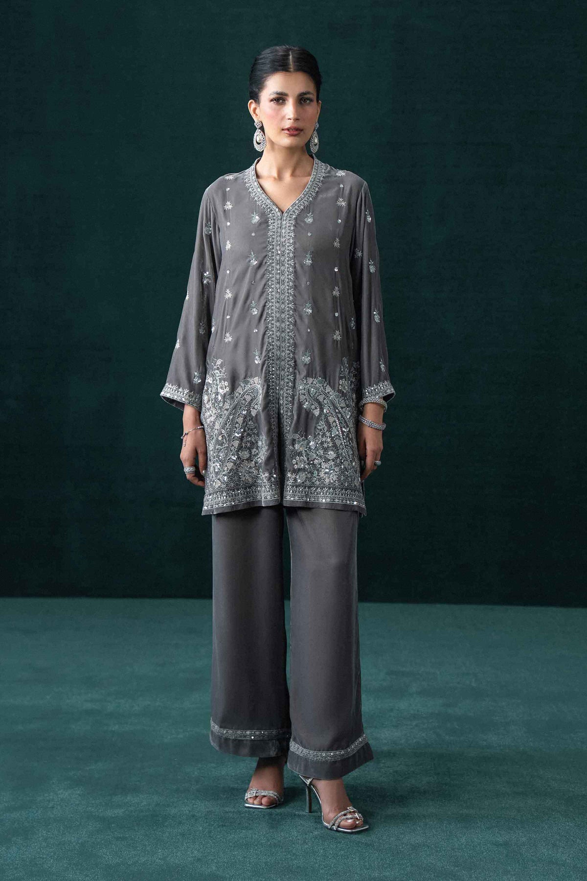 Nishat UK - Grey Embroidered Velvet 2 Pieces ready to wear Dress