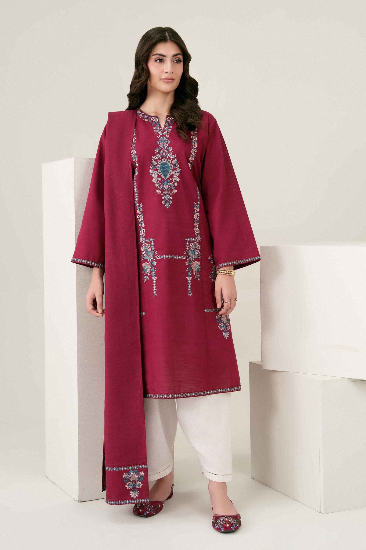 Nishat UK - Red Embroidered Karandi 2 Pieces ready to wear Dress