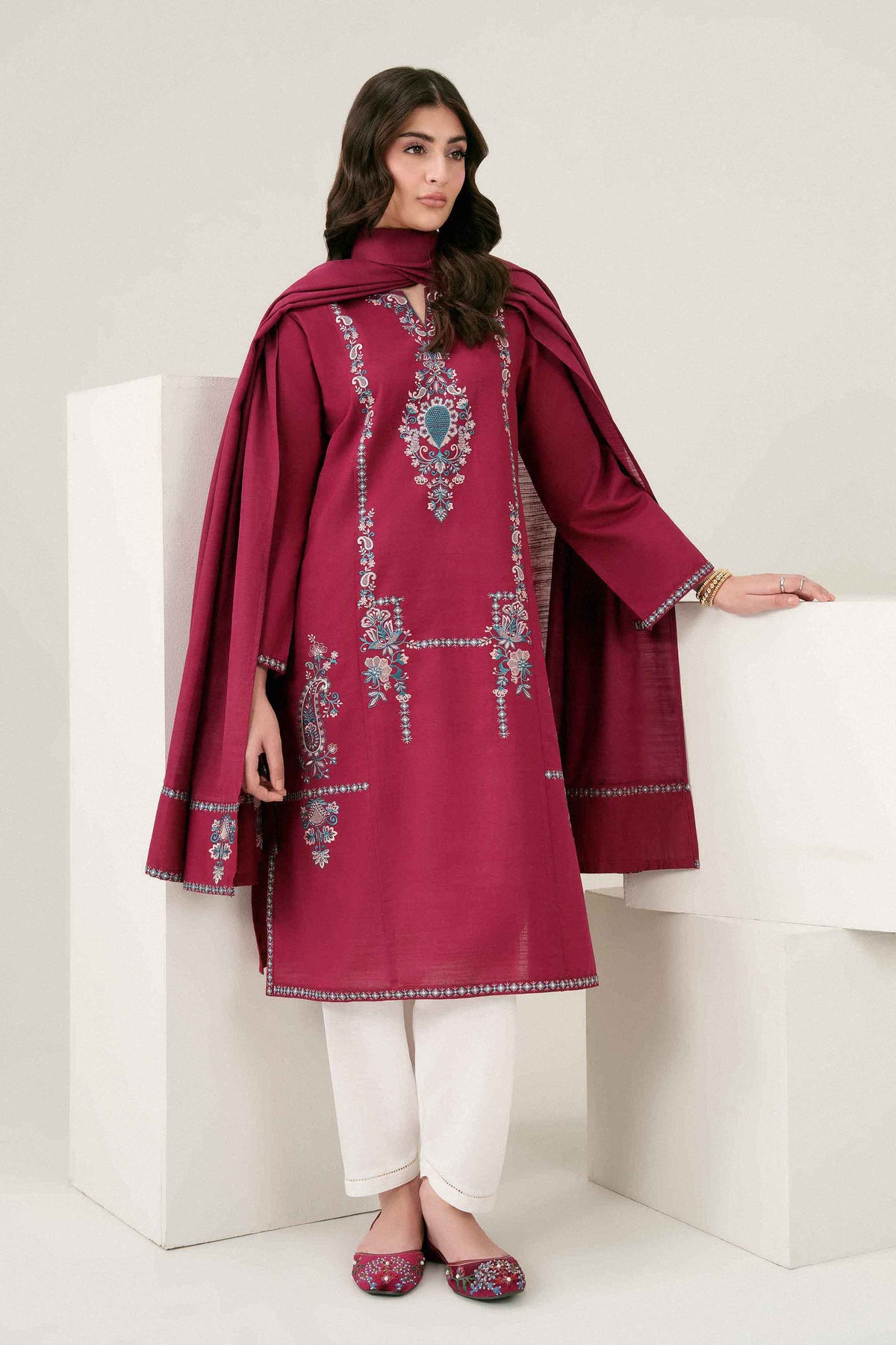 Nishat UK - Red Embroidered Karandi 2 Pieces ready to wear Dress
