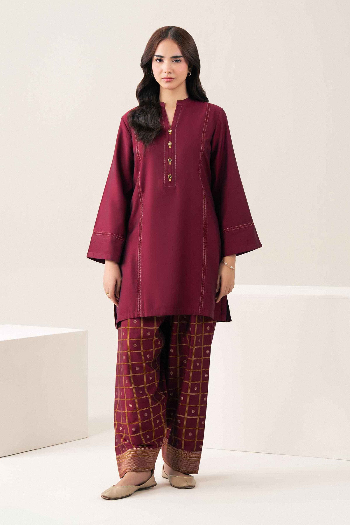 Nishat UK - Red Solids Jacquard 2 Pieces ready to wear Dress