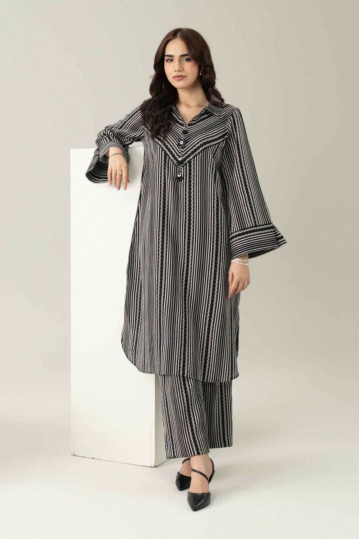 Nishat UK - Black Printed Stripe Twill Yarn Dyed 2 Pieces ready to wear Dress